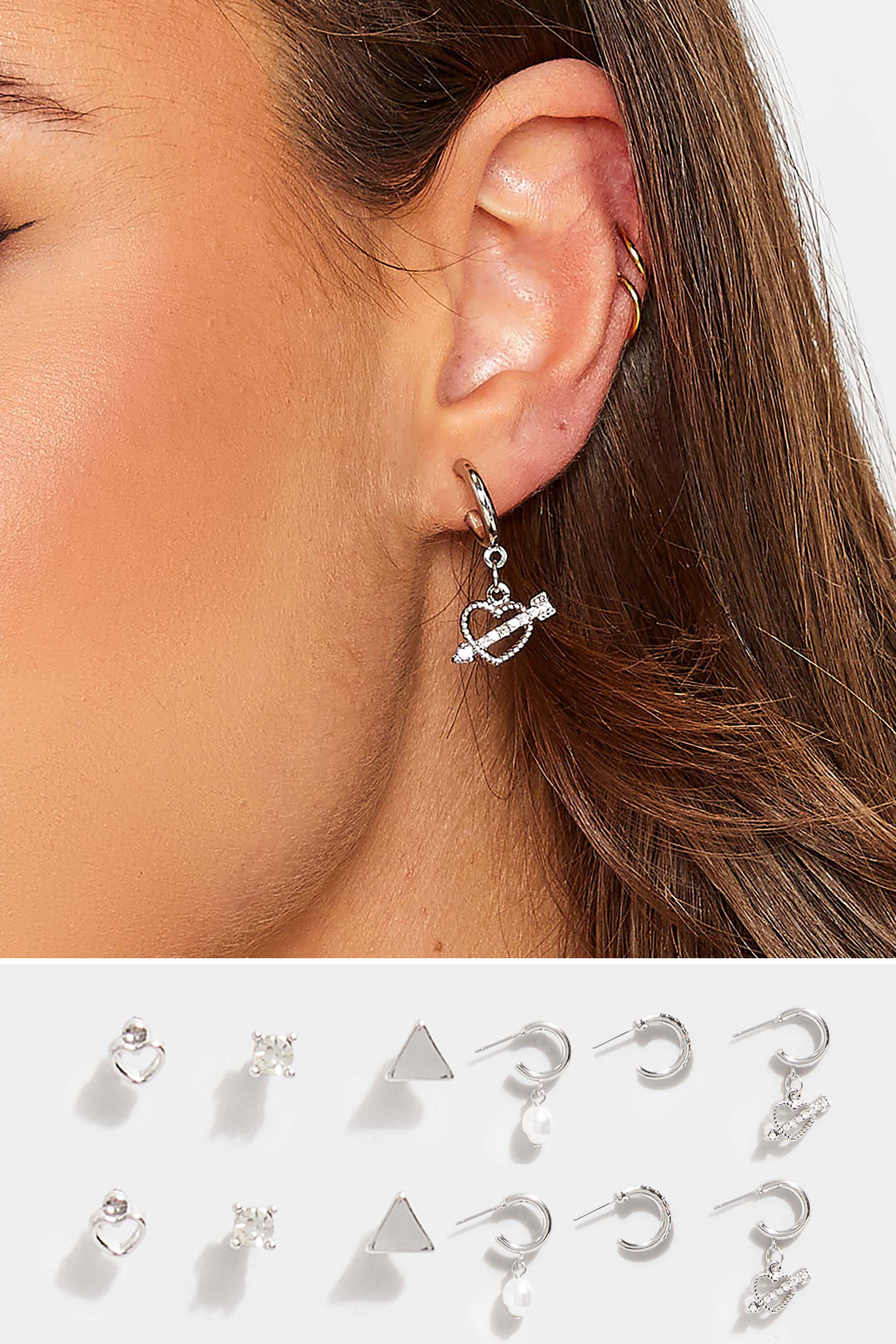6 Pack Silver Hoop Stud Earrings Set | Yours Clothing 1
