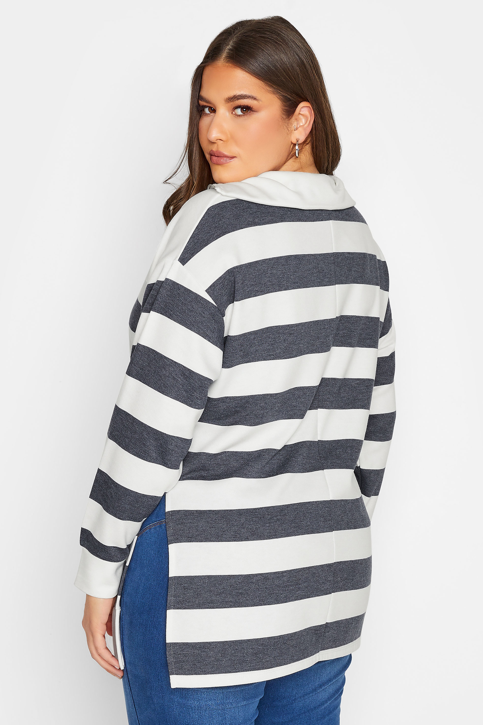YOURS Plus Size White & Blue Stripe Quarter Zip Jumper | Yours Clothing 3