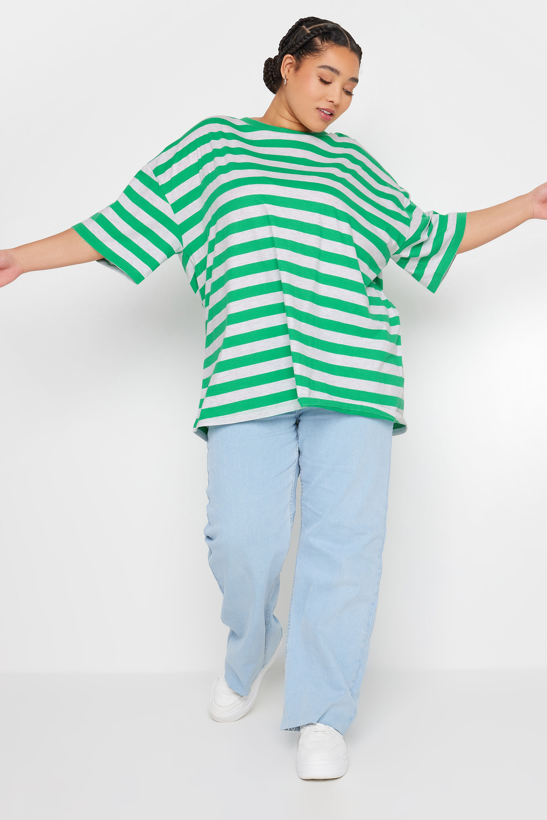 YOURS Plus Size Green & Grey Stripe Oversized T-Shirt | Yours Clothing 2