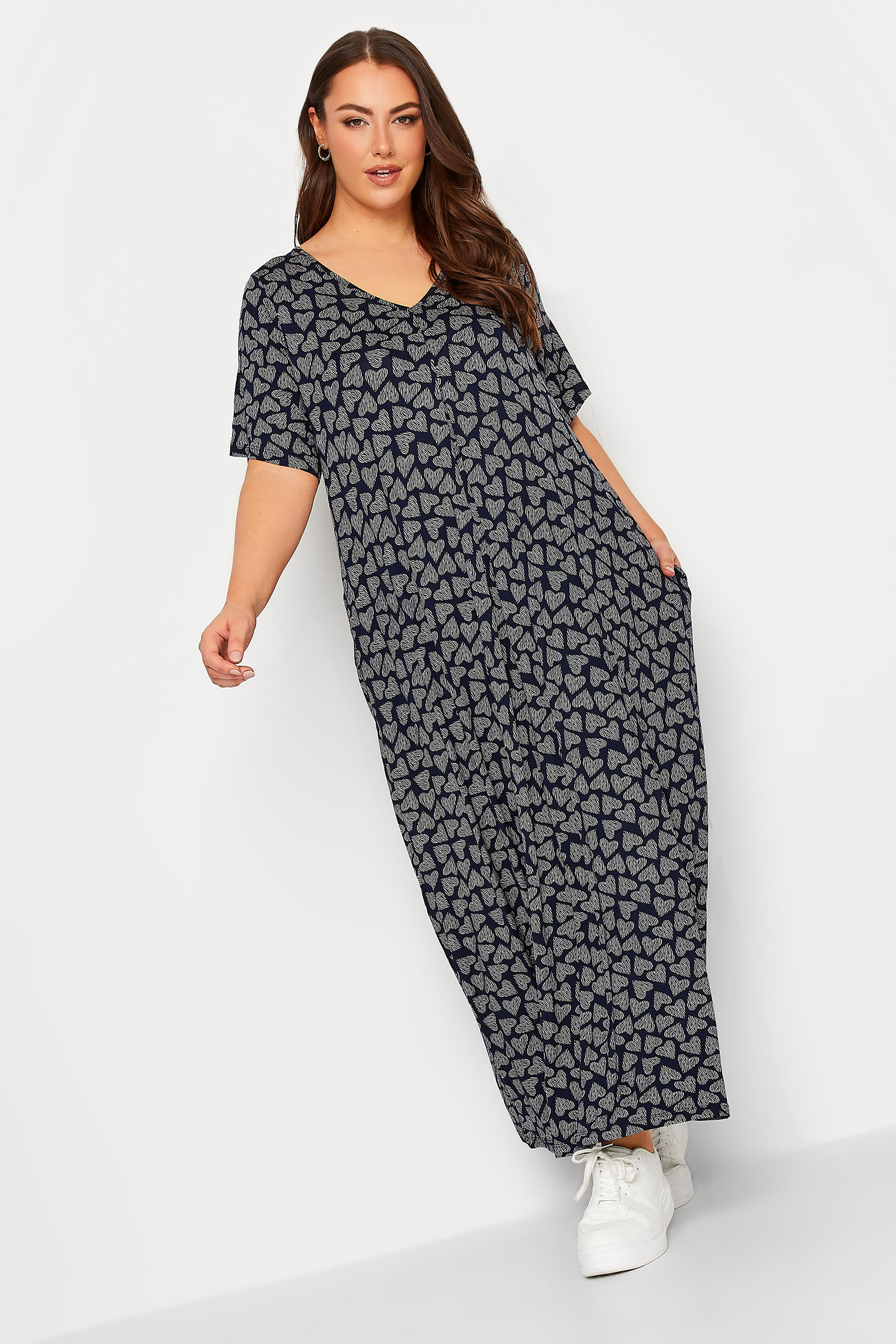 YOURS Plus Size Navy Blue Heart Print Maxi Dress | Yours Clothing 1