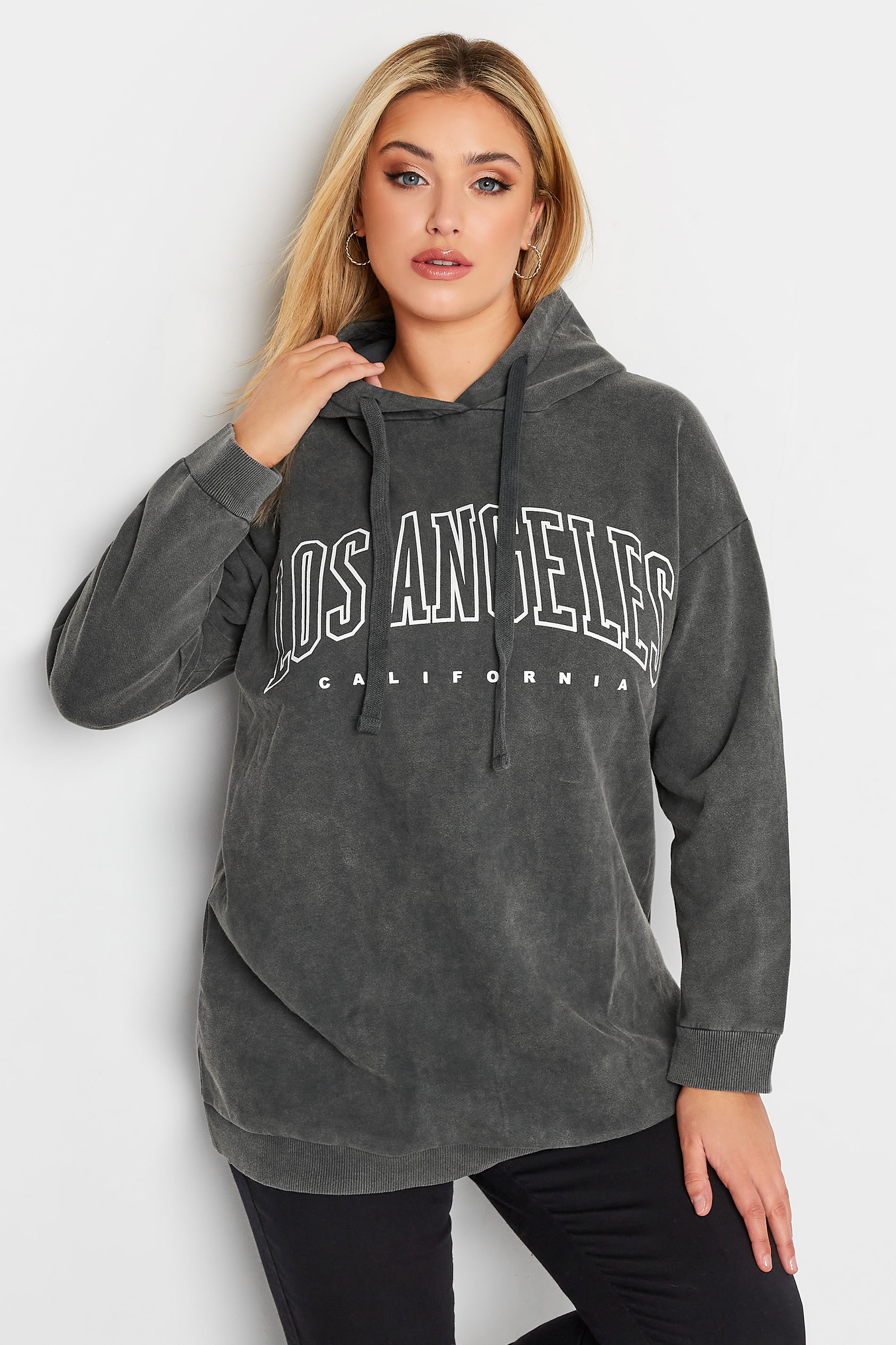 Plus Size Charcoal Grey 'Los Angeles' Slogan Hoodie | Yours Clothing 1