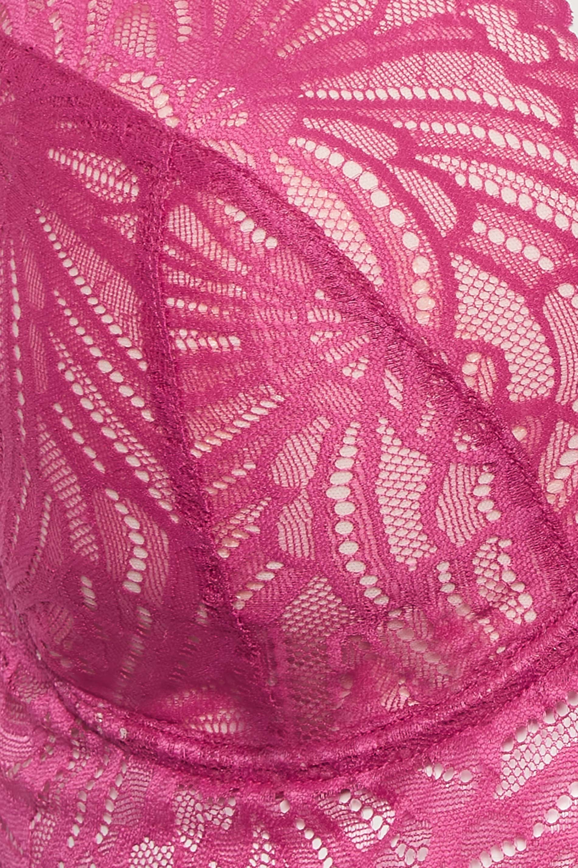 Plus Size Mesh Detail Patterned Lace Longline Bra - Fuchsia