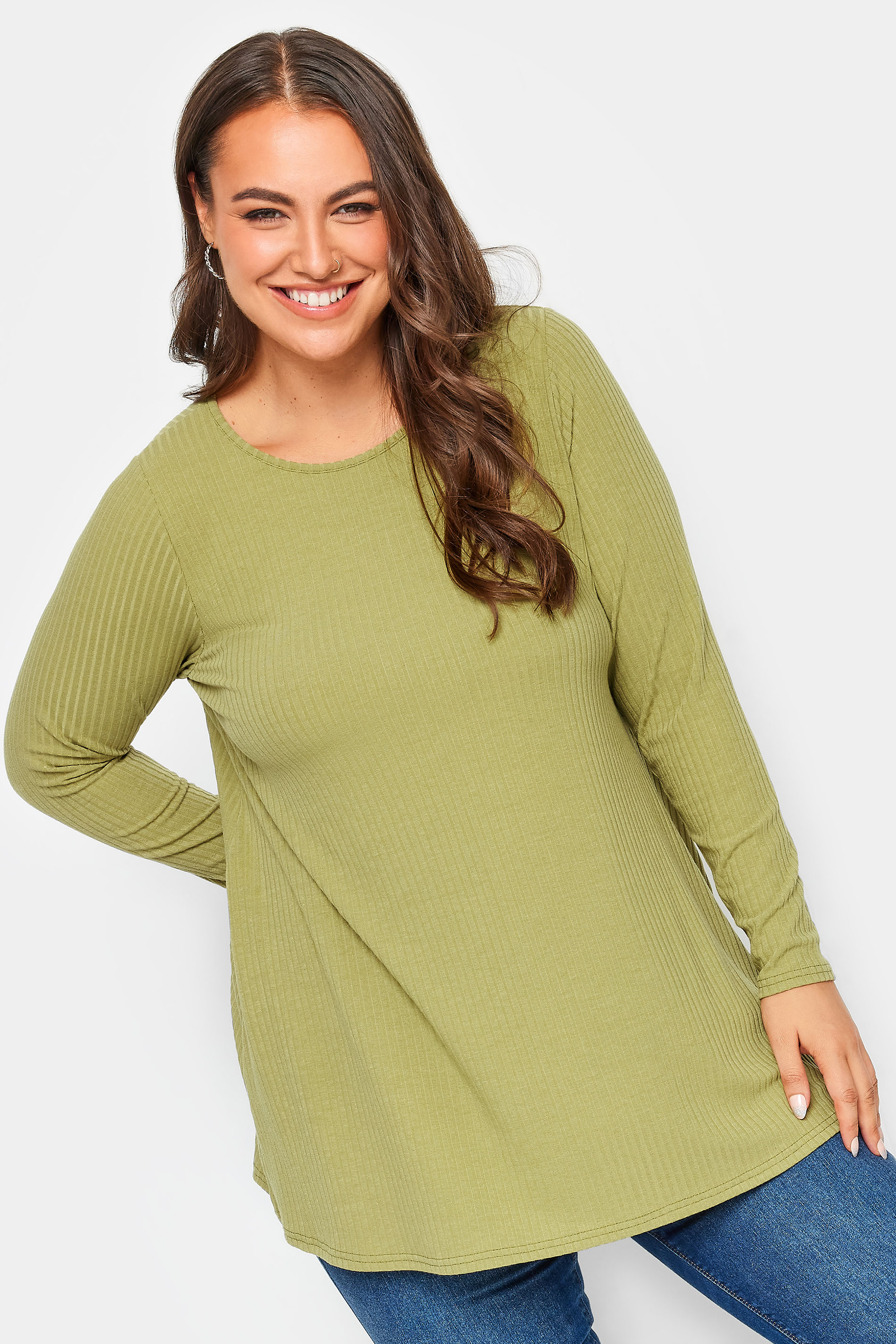 YOURS Plus Size Green Ribbed Long Sleeve Swing Top  | Yours Clothing 1