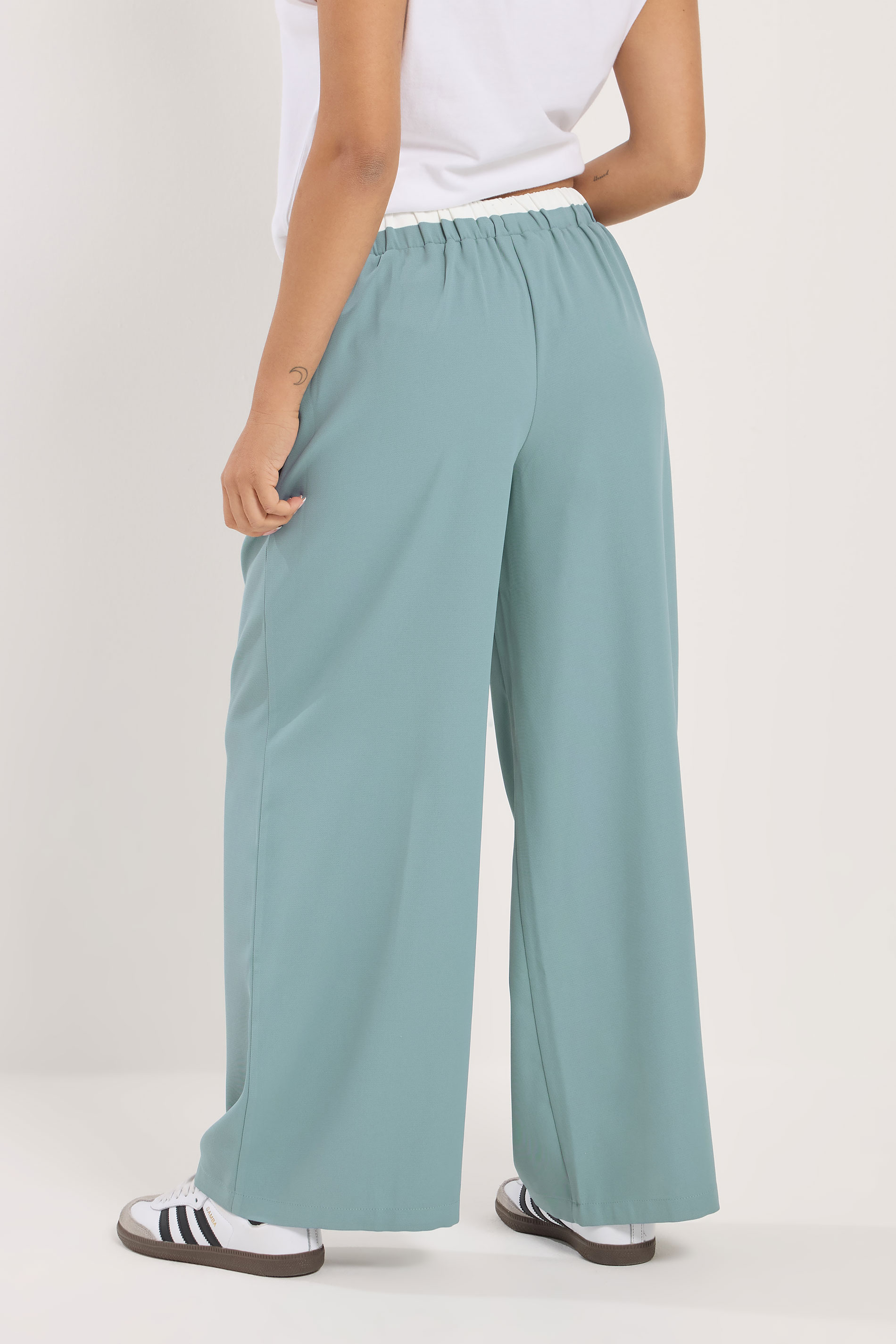 PixieGirl Petite Women's Blue Contrast Waist Wide Leg Trousers | PixieGirl 2
