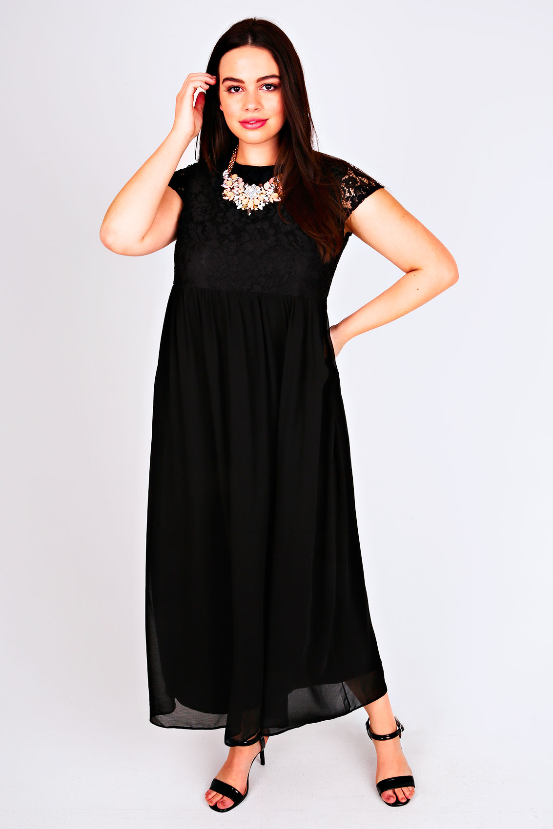 Black Lace Top Maxi Dress With Zip Back Plus Size 14 to 32