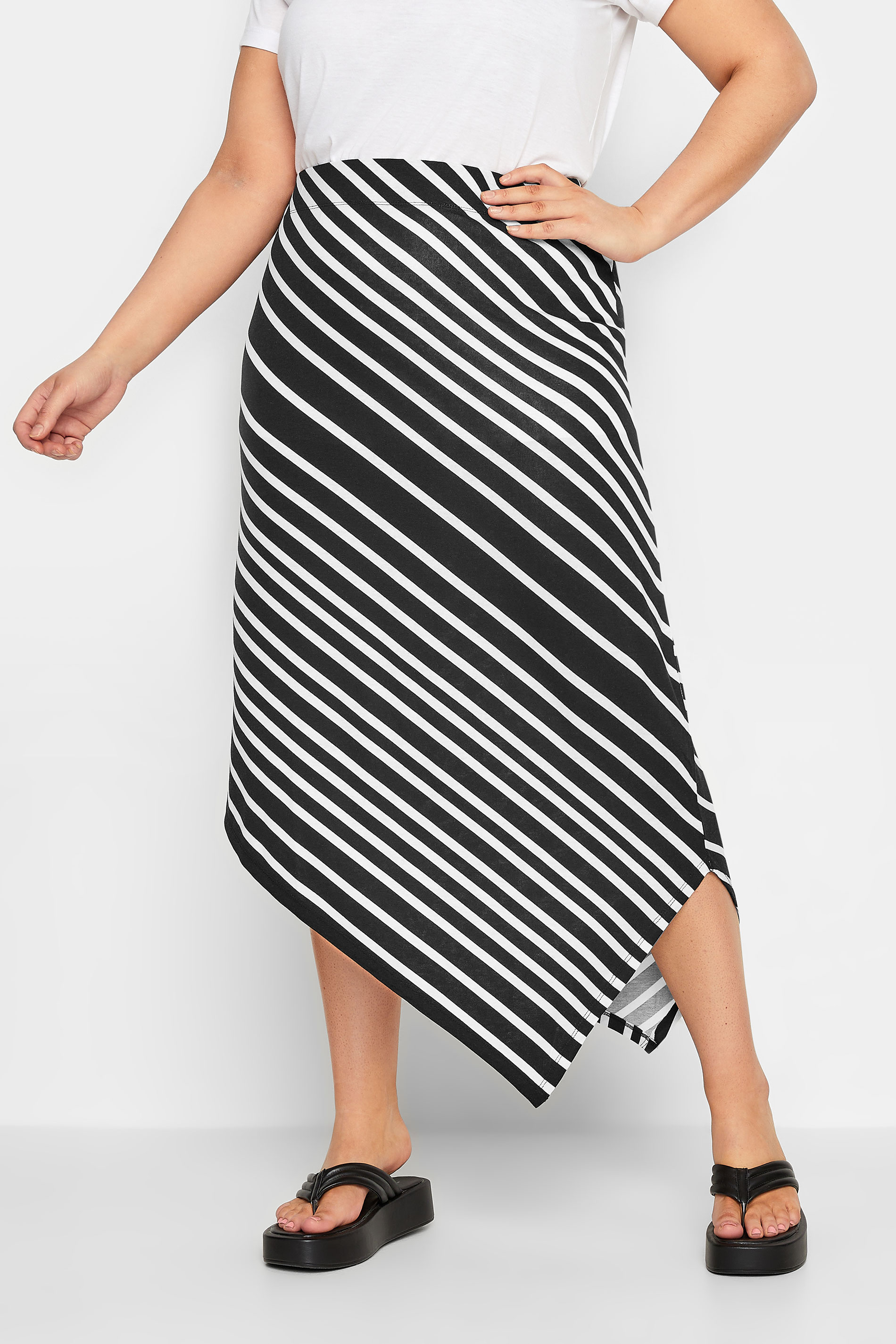 YOURS Curve Plus Size Black Stripe Asymmetric Skirt | Yours Clothing 1