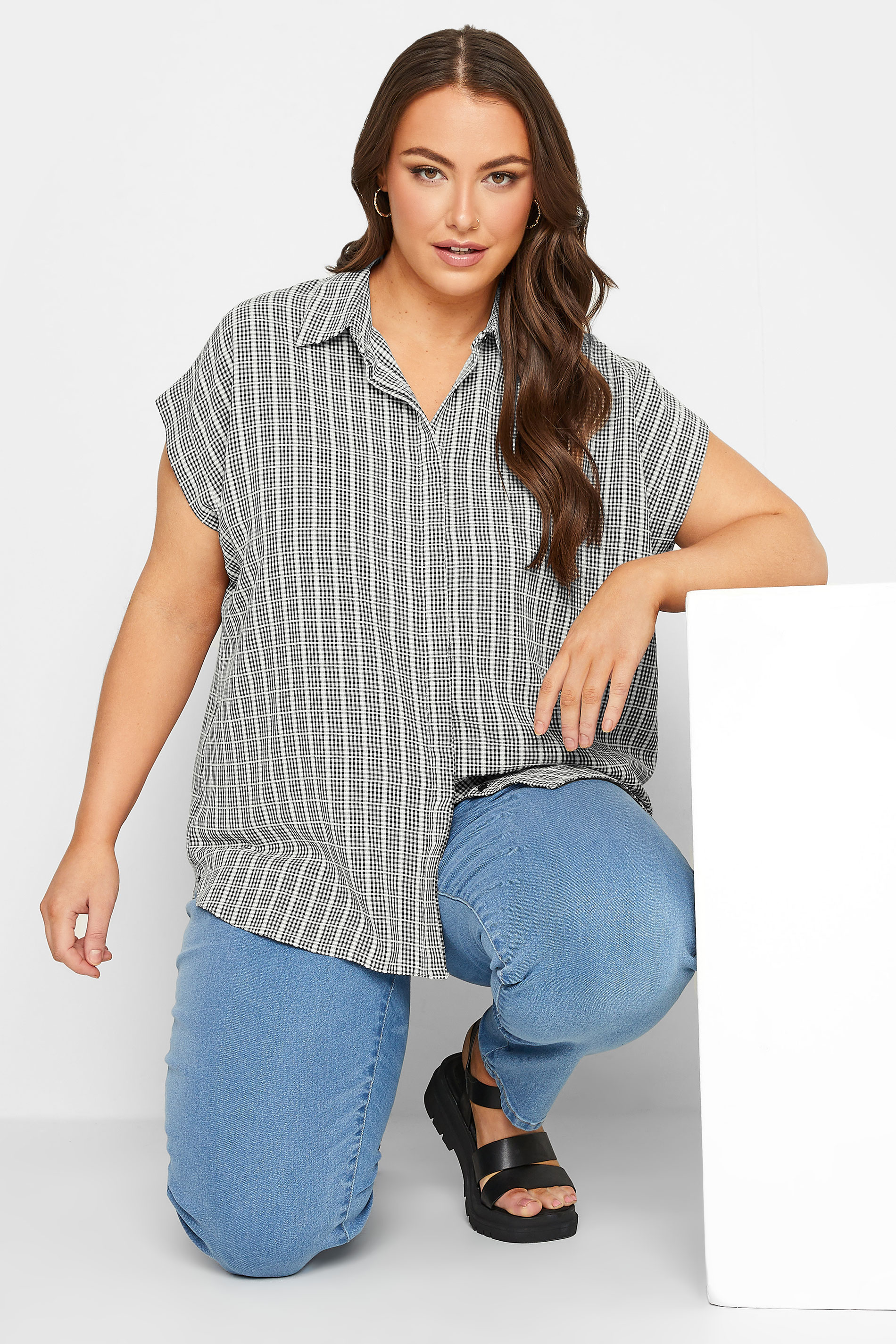YOURS Plus Size Black Check Print Collared Shirt | Yours Clothing 1