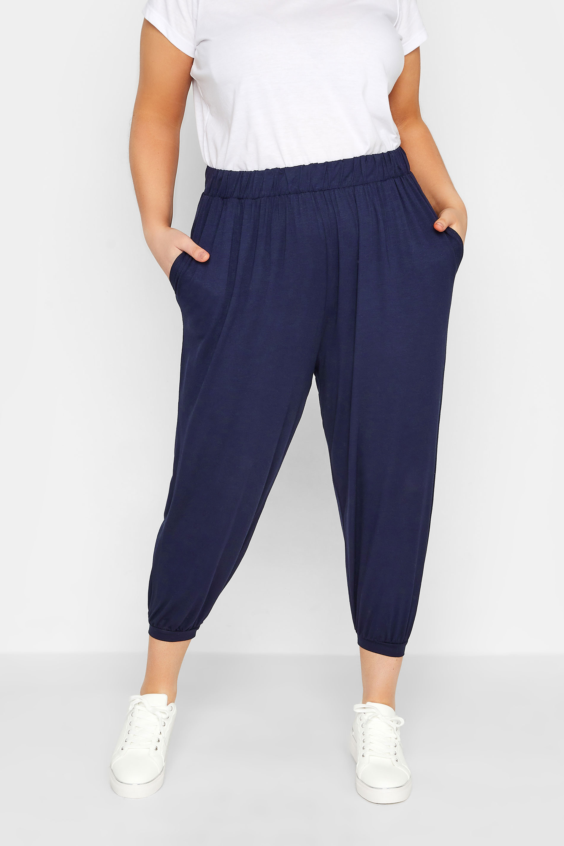 YOURS Curve Navy Blue Plus Size Navy Cropped Jersey Joggers | Yours Clothing 1