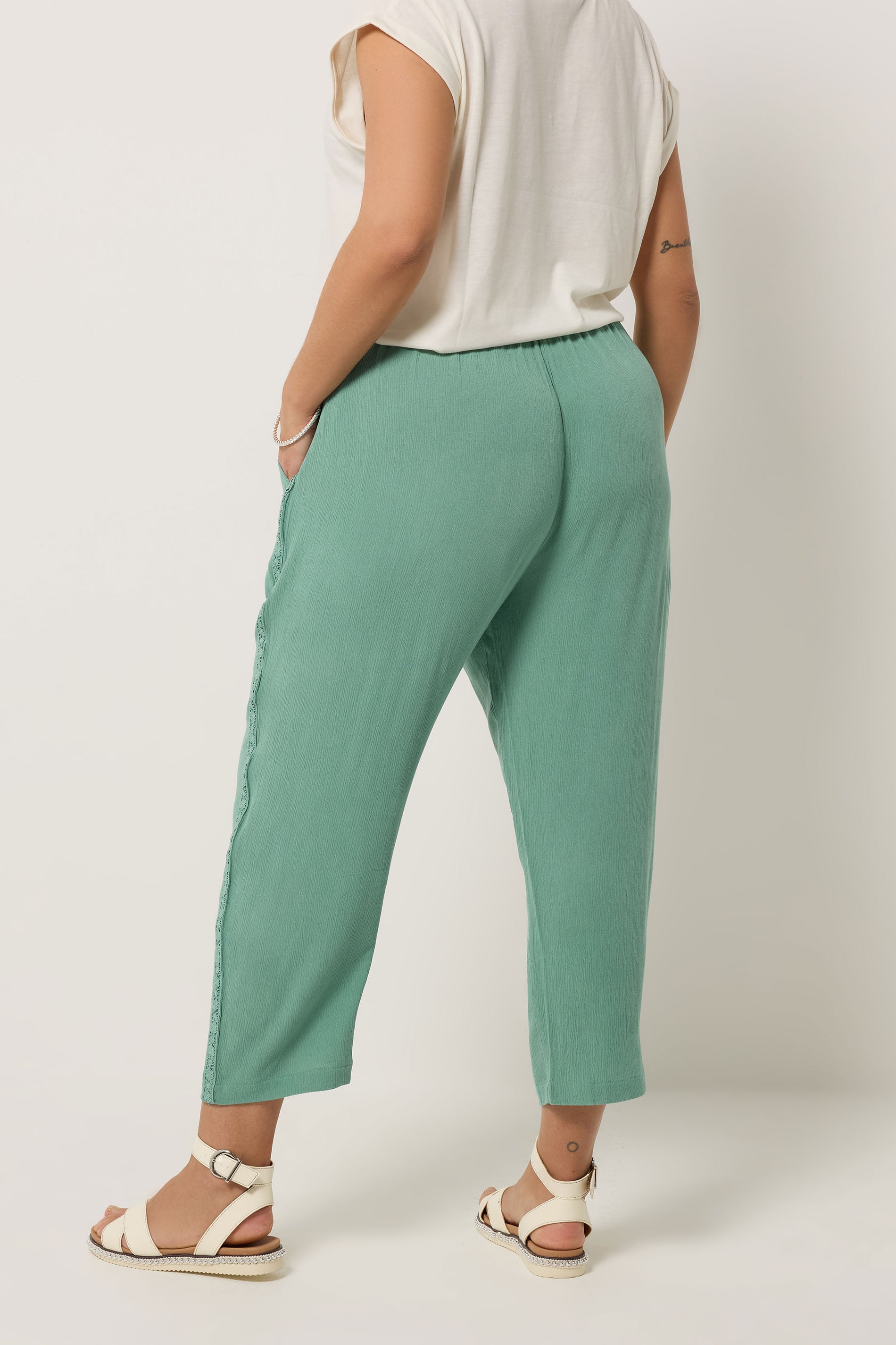 YOURS Plus Size Mint Crochet Side Crop Trousers | Yours Clothing 2