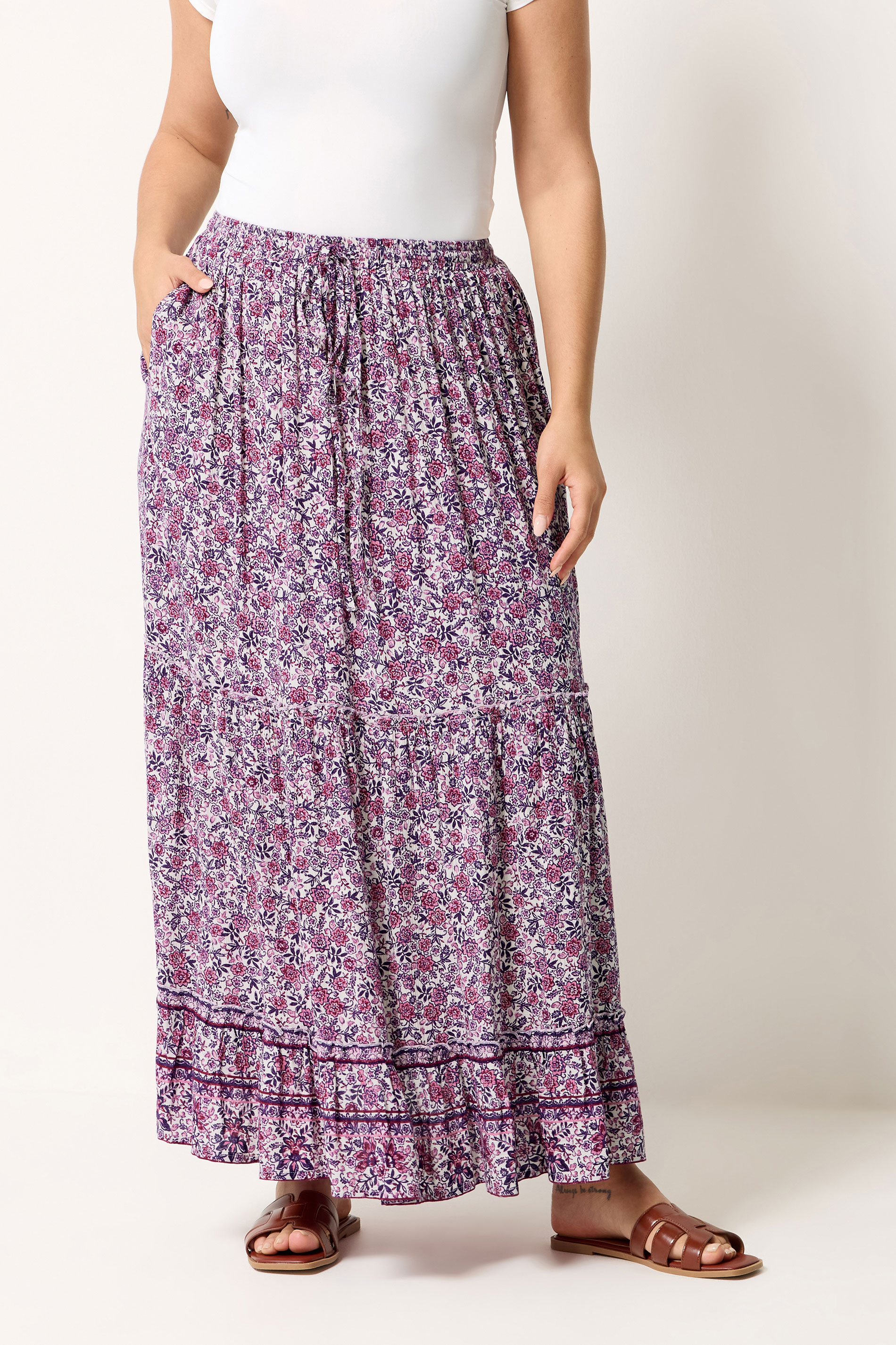YOURS Plus Size Pink Ditsy Floral Tiered Skirt | Yours Clothing 1
