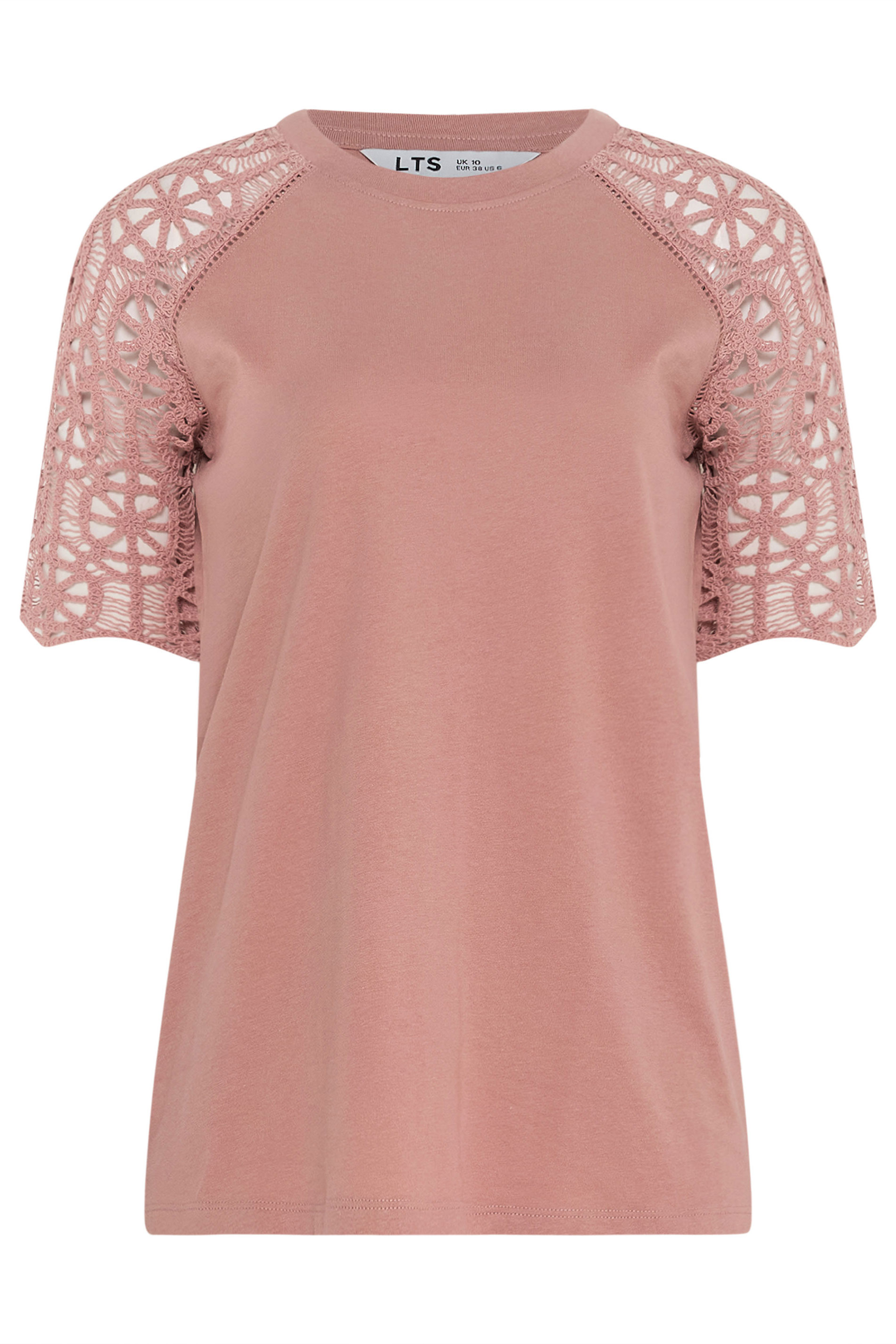 LTS Tall Women's Pink Crochet Raglan Cotton T-Shirt | Long Tall Sally 5