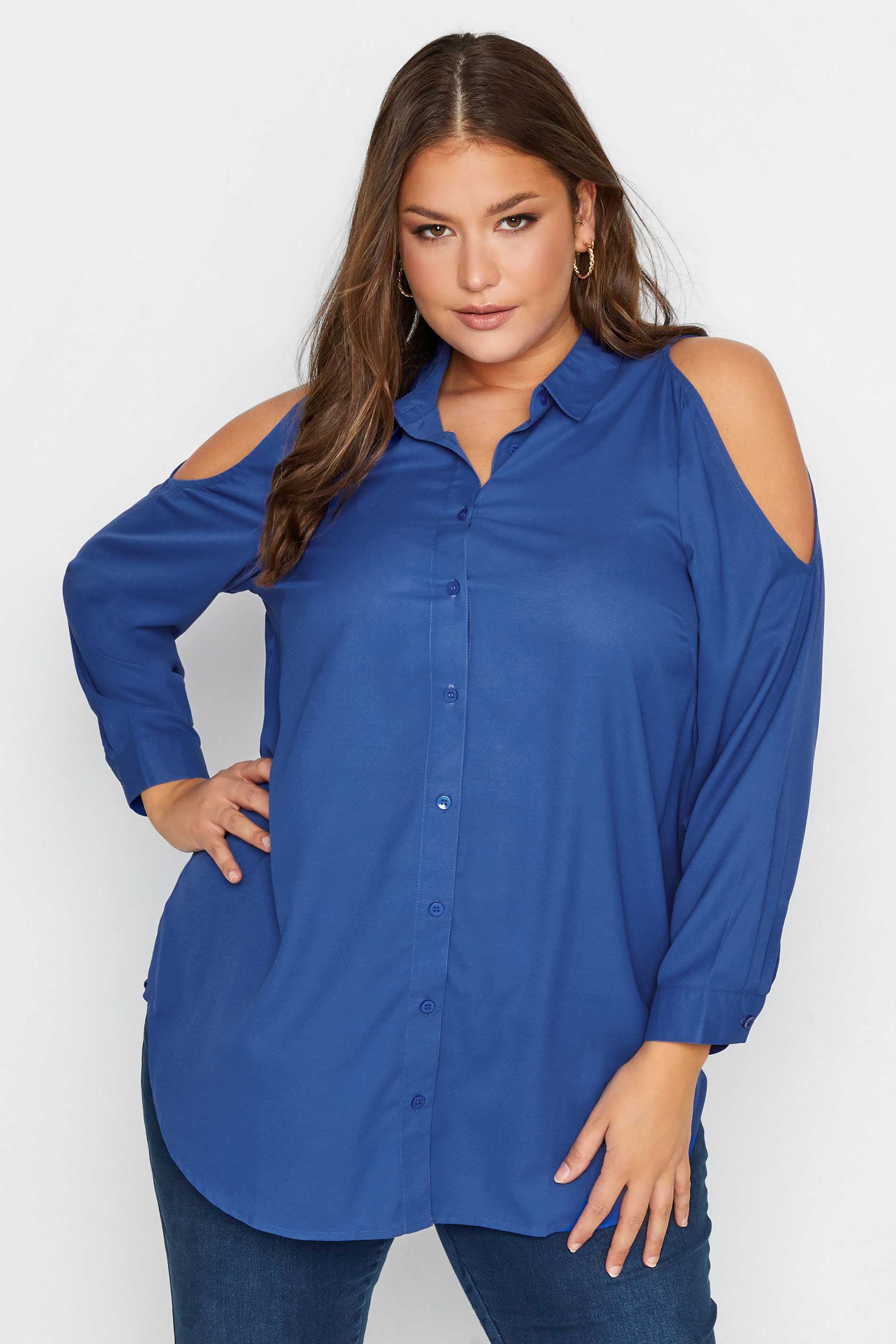 Plus Size Blue Cold Shoulder Shirt | Yours Clothing 1