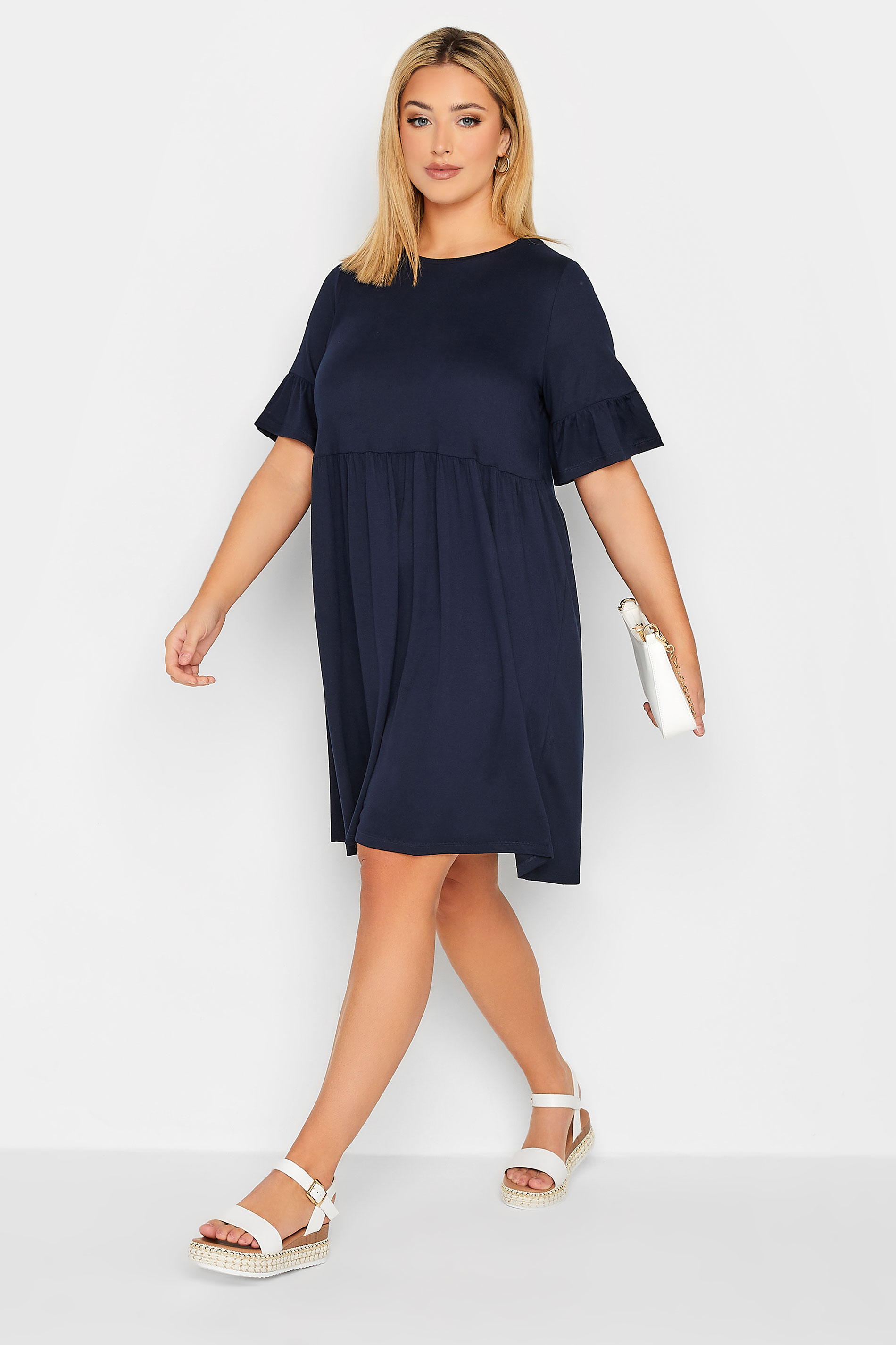 YOURS Plus Size Navy Blue Frill Sleeve Smock Dress | Yours Clothing 1