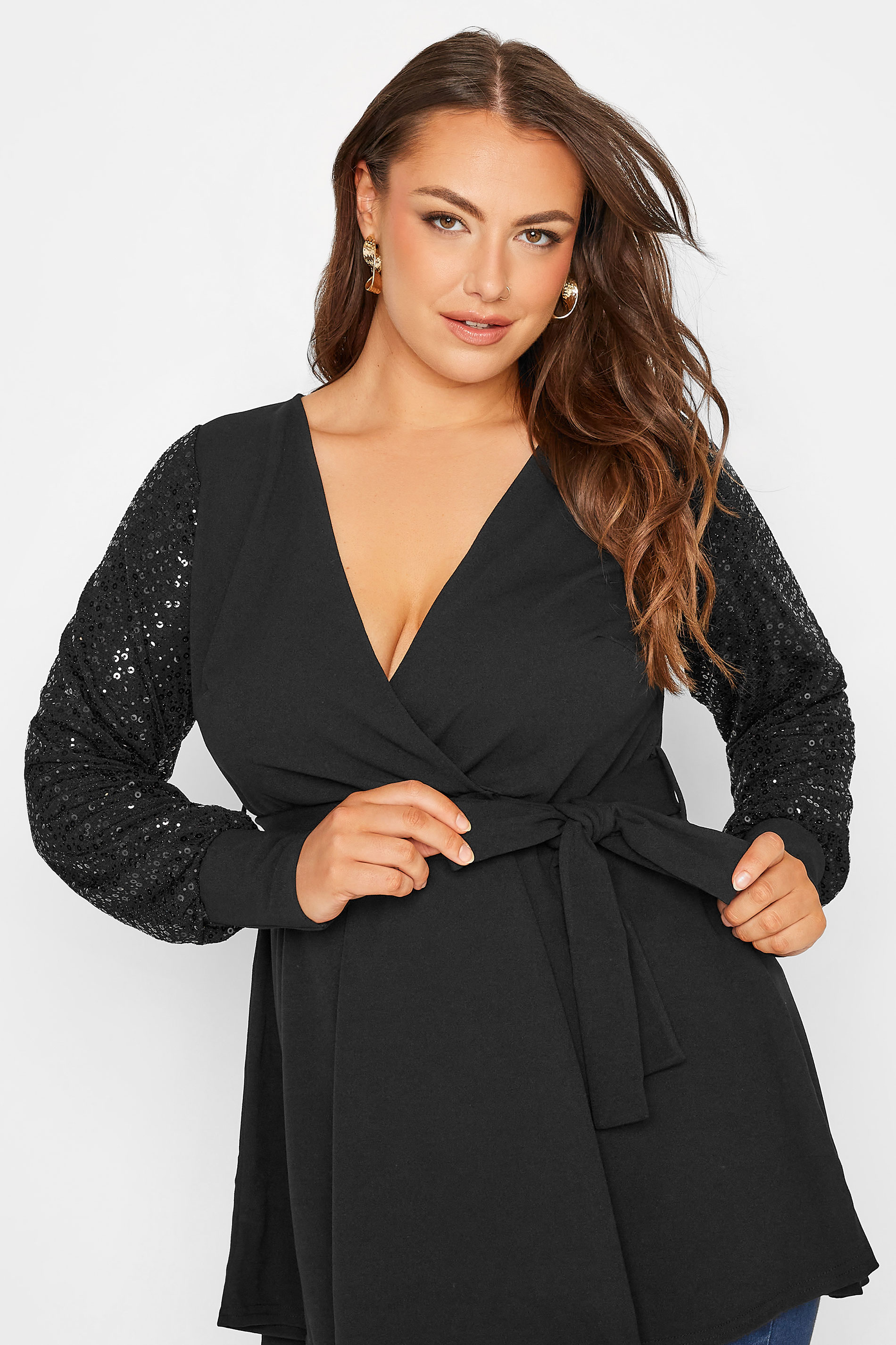 Yours London Plus Size Black Sequin Sleeve Embellished Wrap Top Yours Clothing