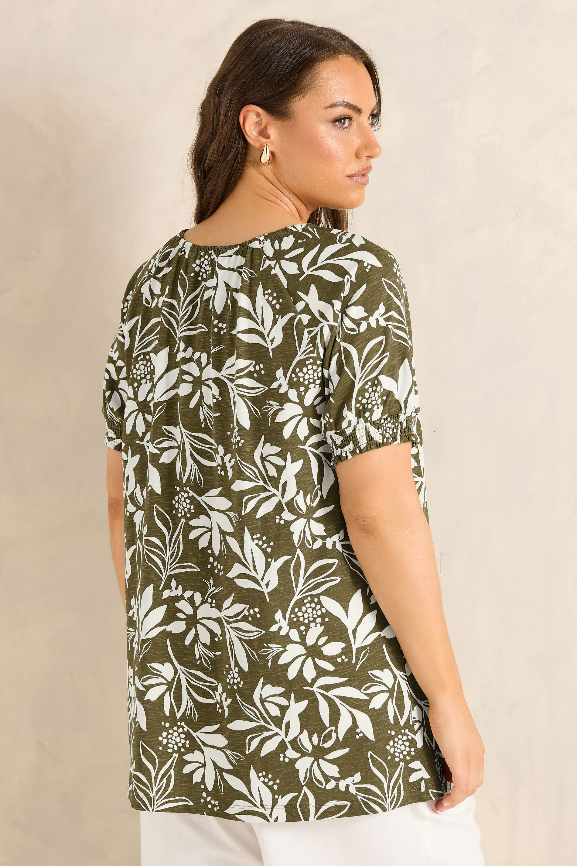 EVANS Plus Size Green Khaki Leaf Print Cotton Top | Evans 2