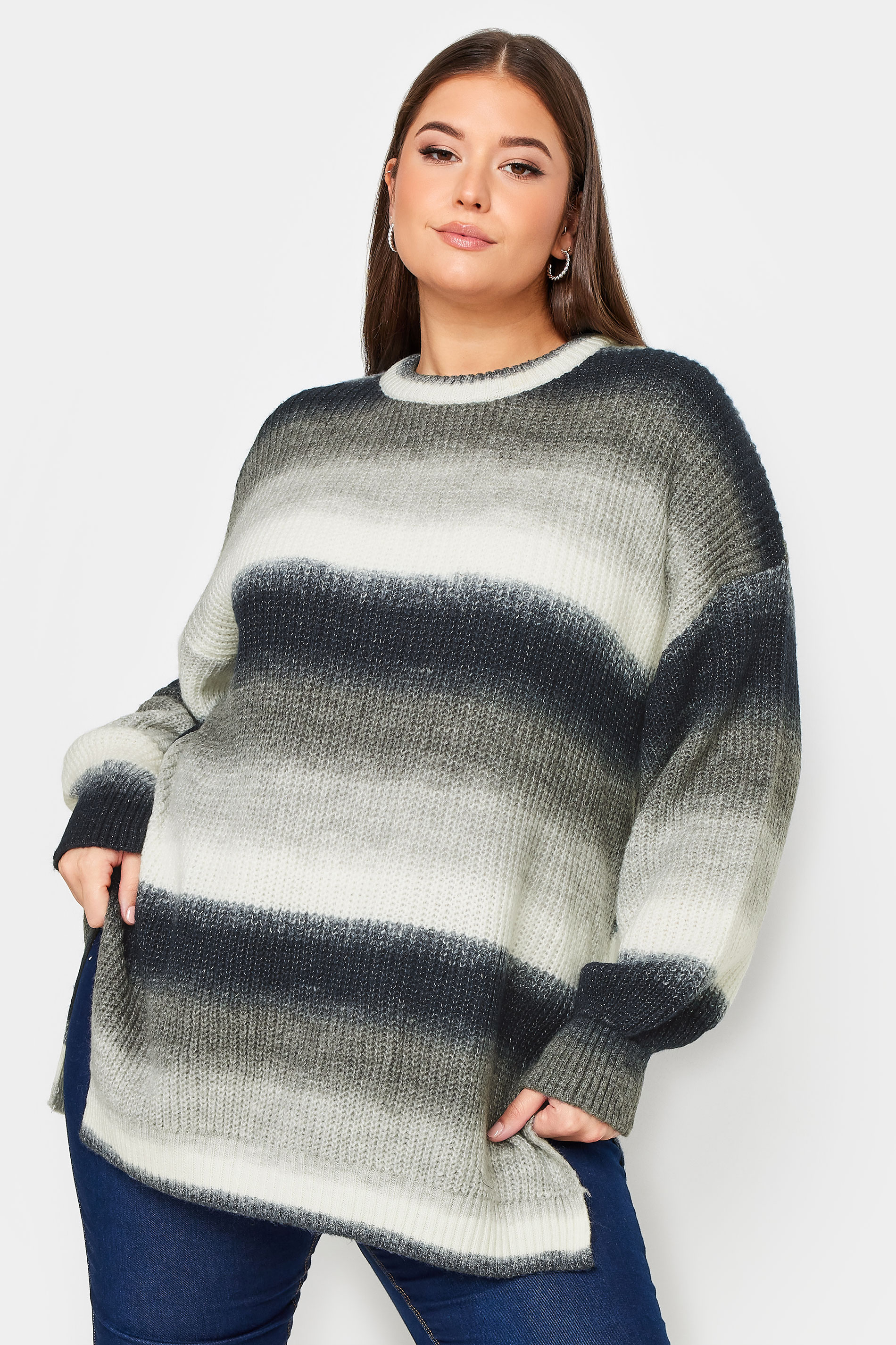YOURS Plus Size Black & White Ombre Stripe Print Knitted Jumper | Yours Clothing 1