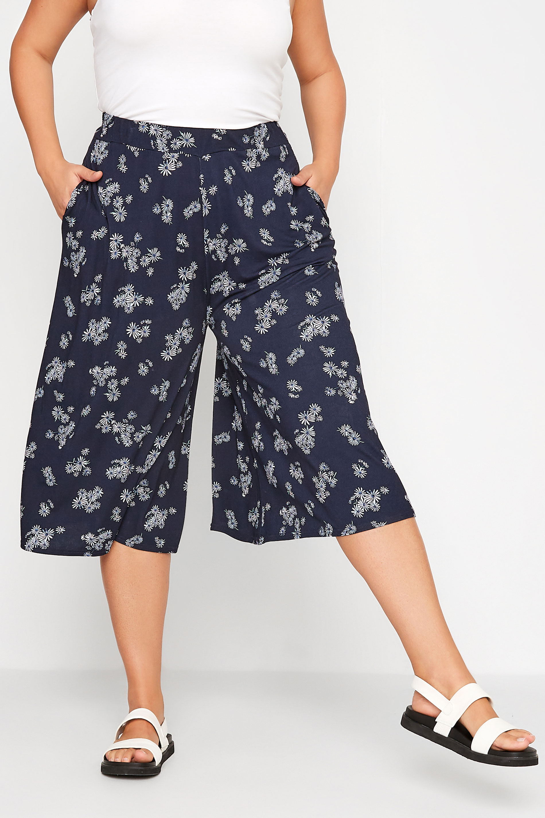 Plus Size Blue Floral Print Jersey Culottes | Yours Clothing 1