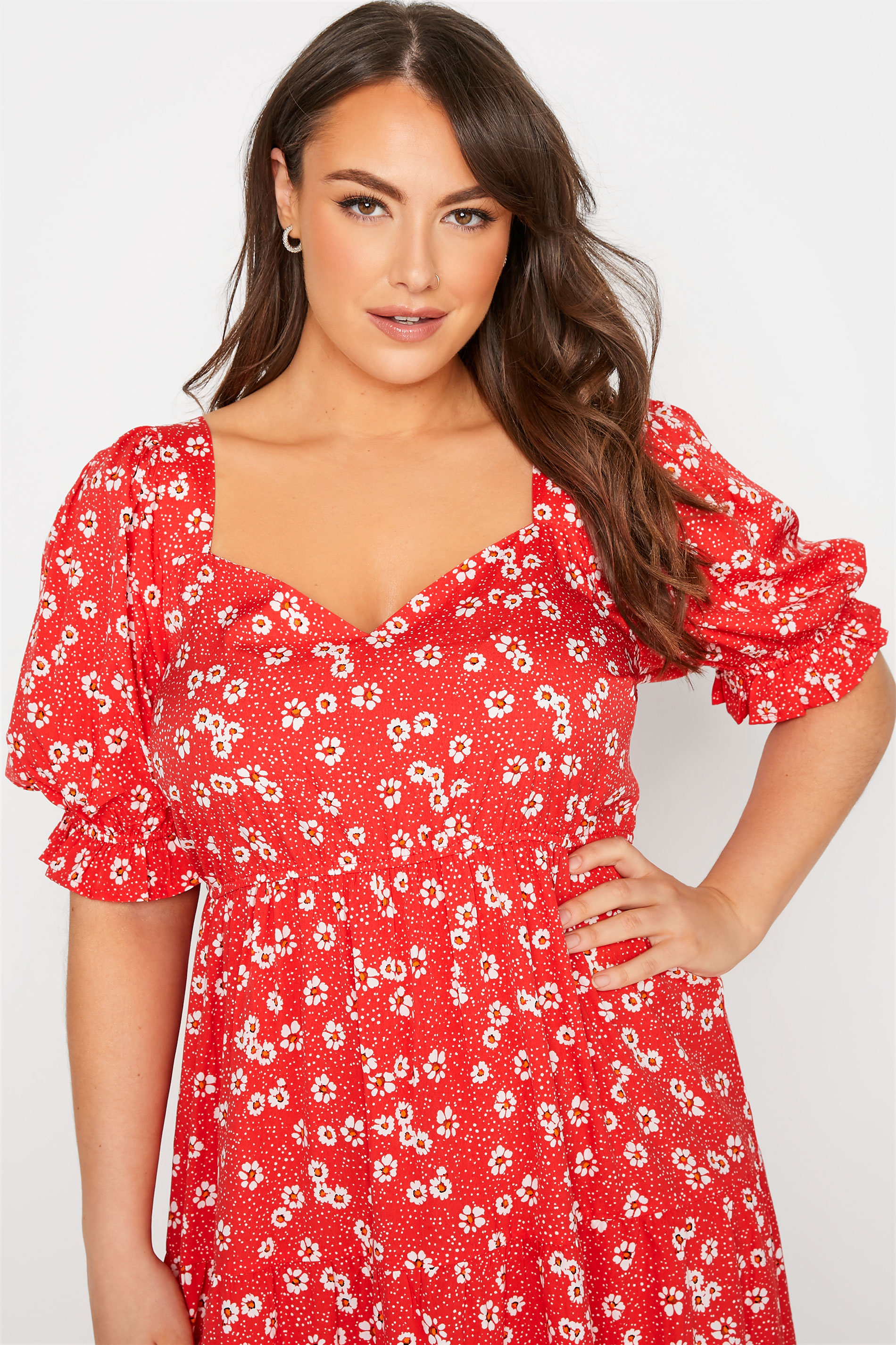 Robes Grande Taille Grande taille  Robes dÉté | LIMITED COLLECTION - Robe Rouge Floral Manches Courtes Bouffantes - UX39424