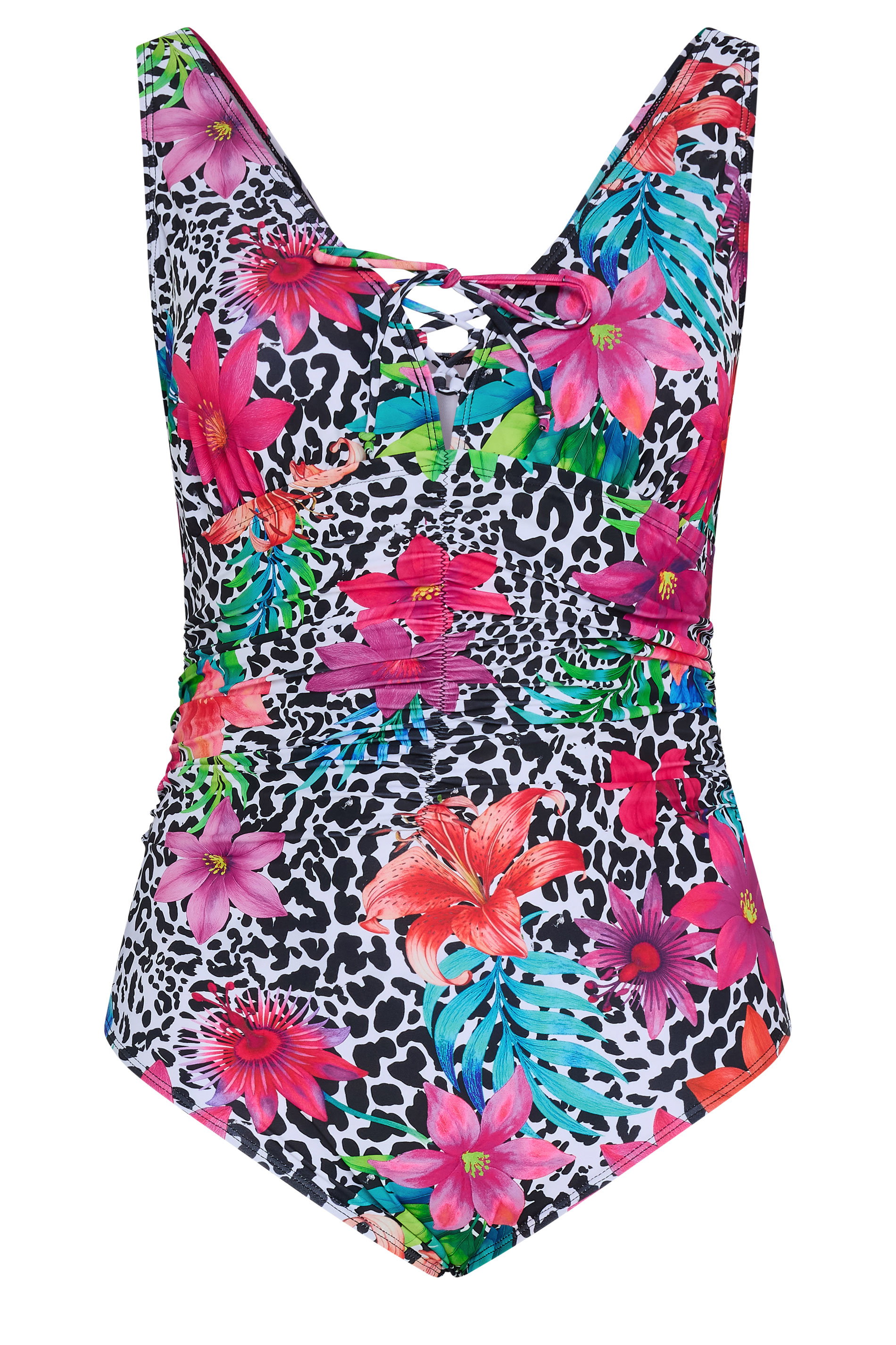 YOURS Plus Size Black Leopard Floral Lace Up Swimsuit | Yours Clothing 5