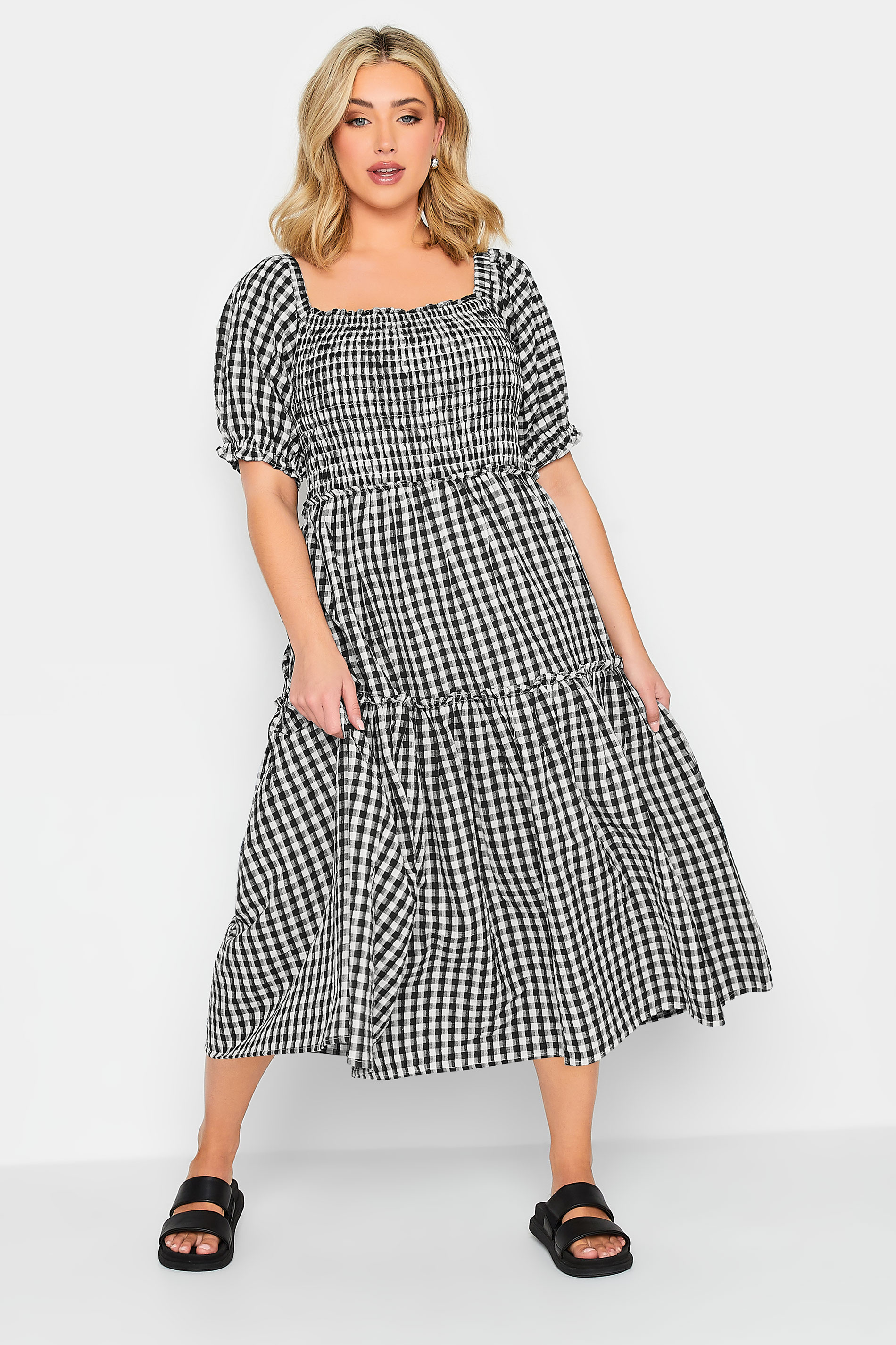 YOURS PETITE Plus Size Black Gingham Print Shirred Midaxi Dress | Yours Clothing 1
