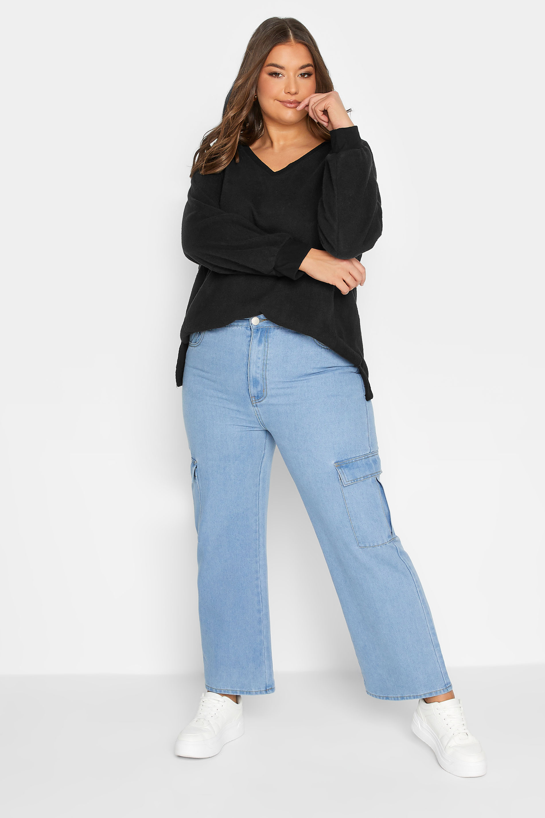 Plus Size Black V-Neck Soft Touch Fleece Sweatshirt | Yours Clothing 2