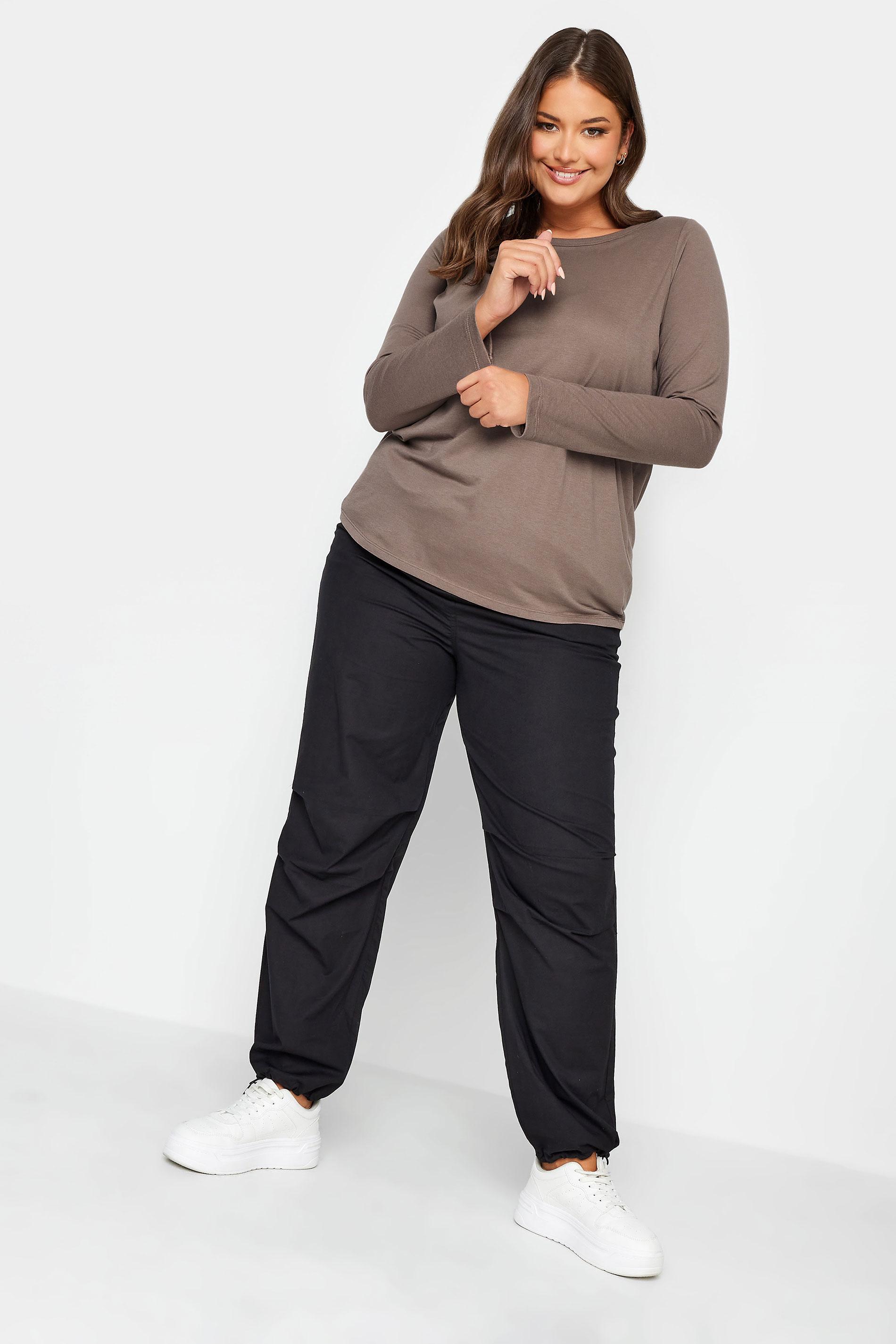 YOURS Curve Plus Size Light Brown Long Sleeve Basic Top | Yours Clothing  2