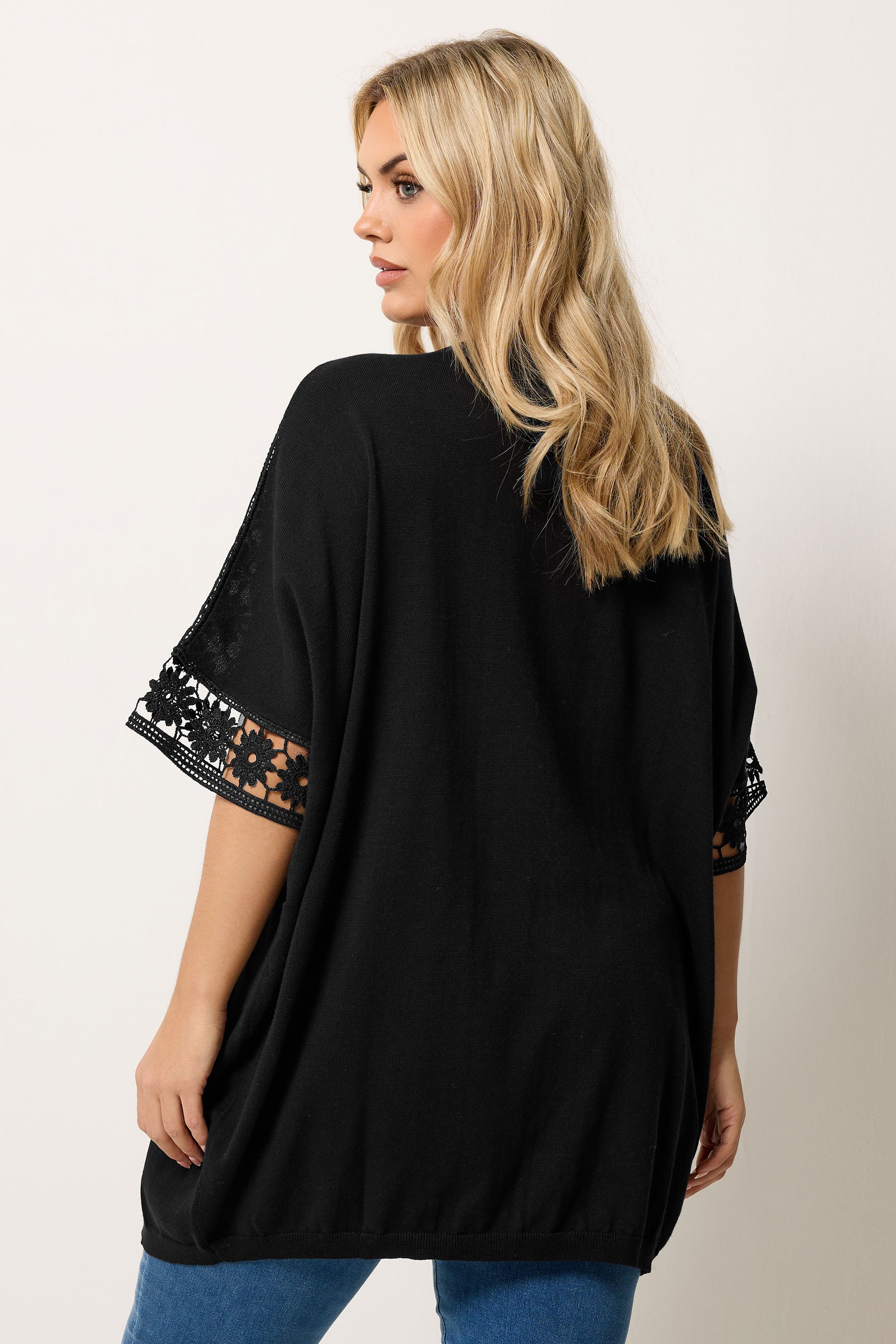 YOURS Plus Size Black Crochet Sleeve Kimono | Yours Clothing 2