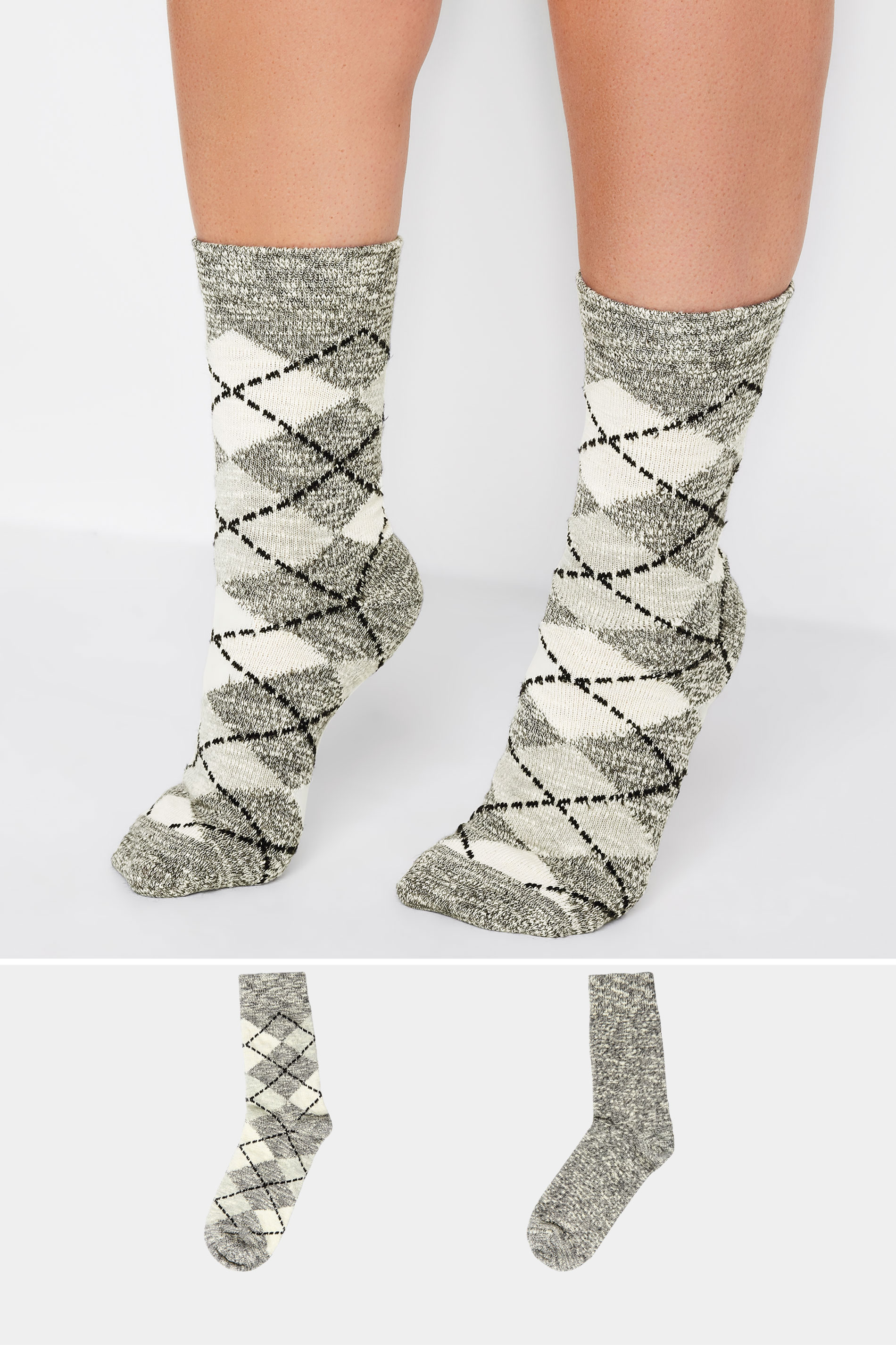 2 Pack Grey Argyle Ankle Socks | Yours Clothing 1