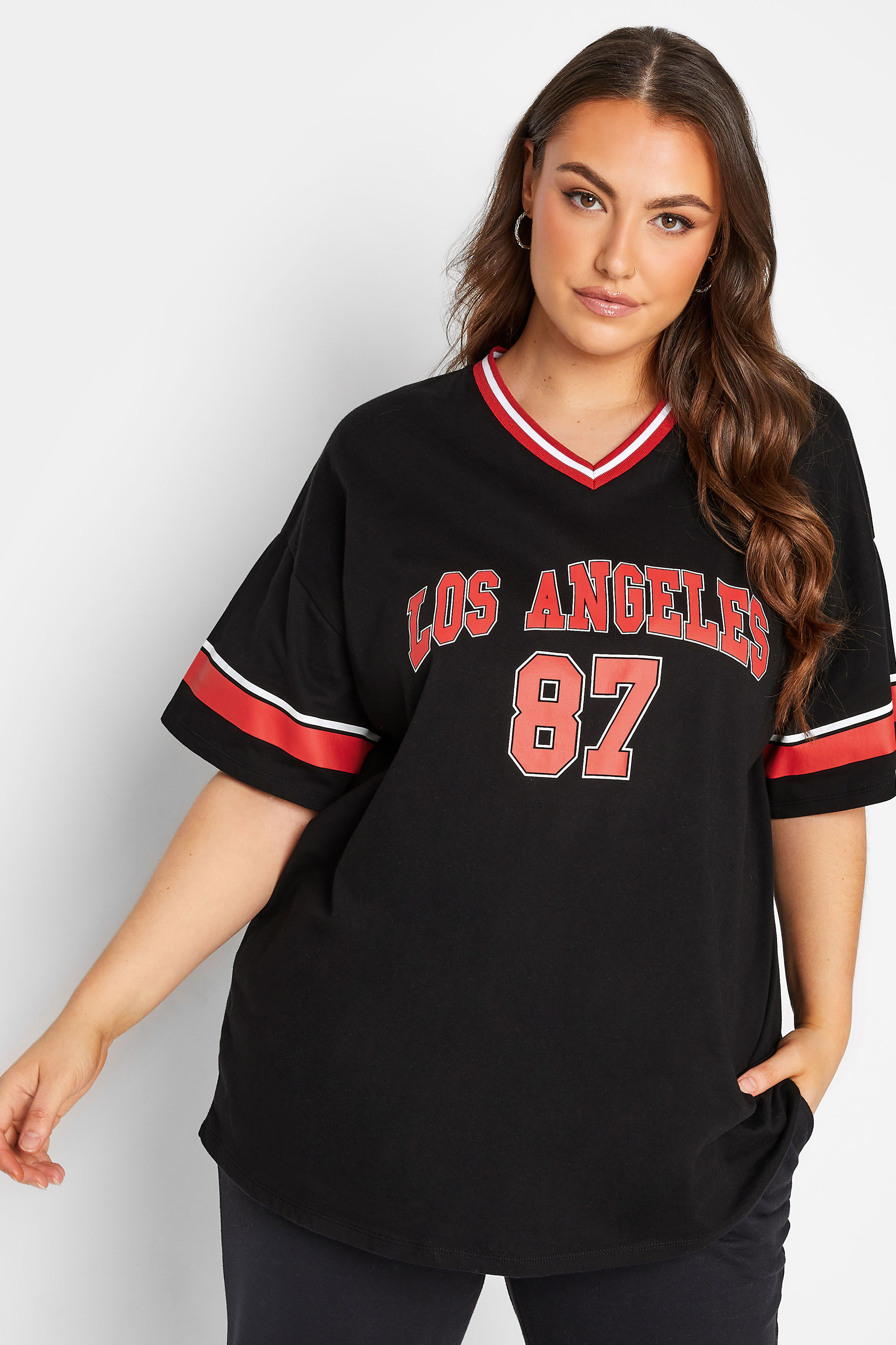 YOURS Plus Size Black & Red 'Los Angeles' Varsity T-Shirt | Yours Clothing 1