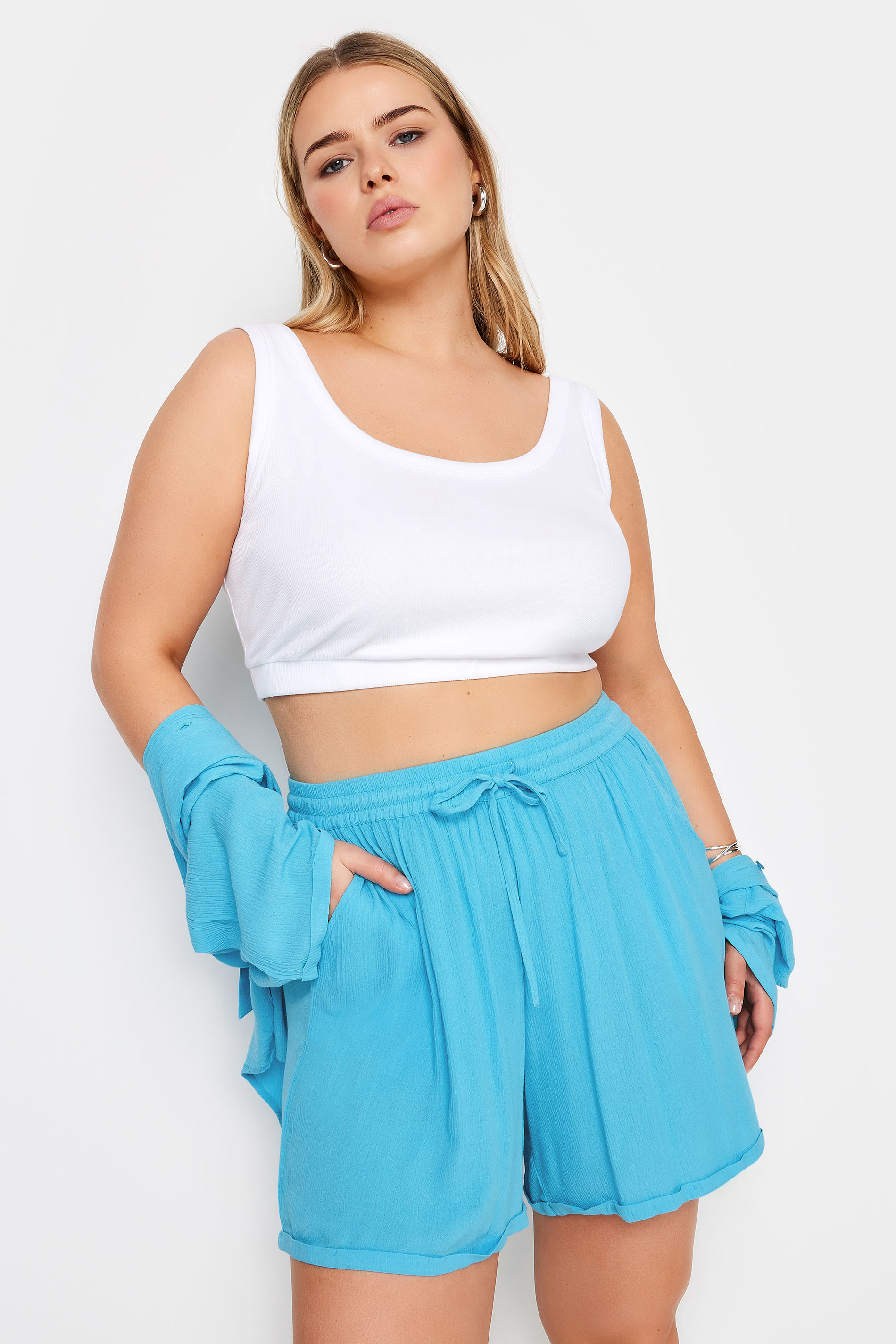 LIMITED COLLECTION Plus Size Blue Crinkle Shorts | Yours Clothing 2