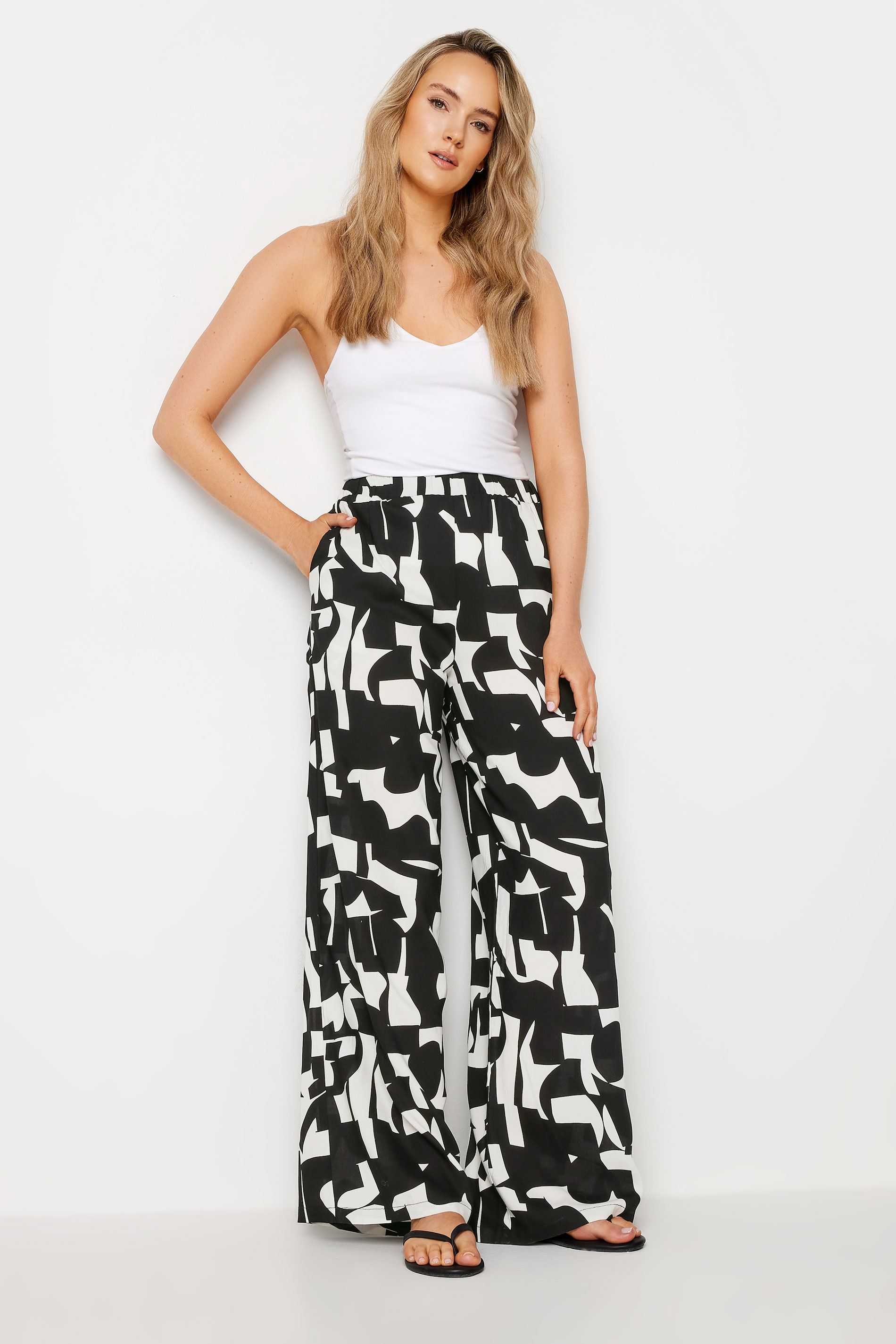 LTS Tall Women's White & Black Abstract Print Wide Leg Trousers | Long Tall Sally 3