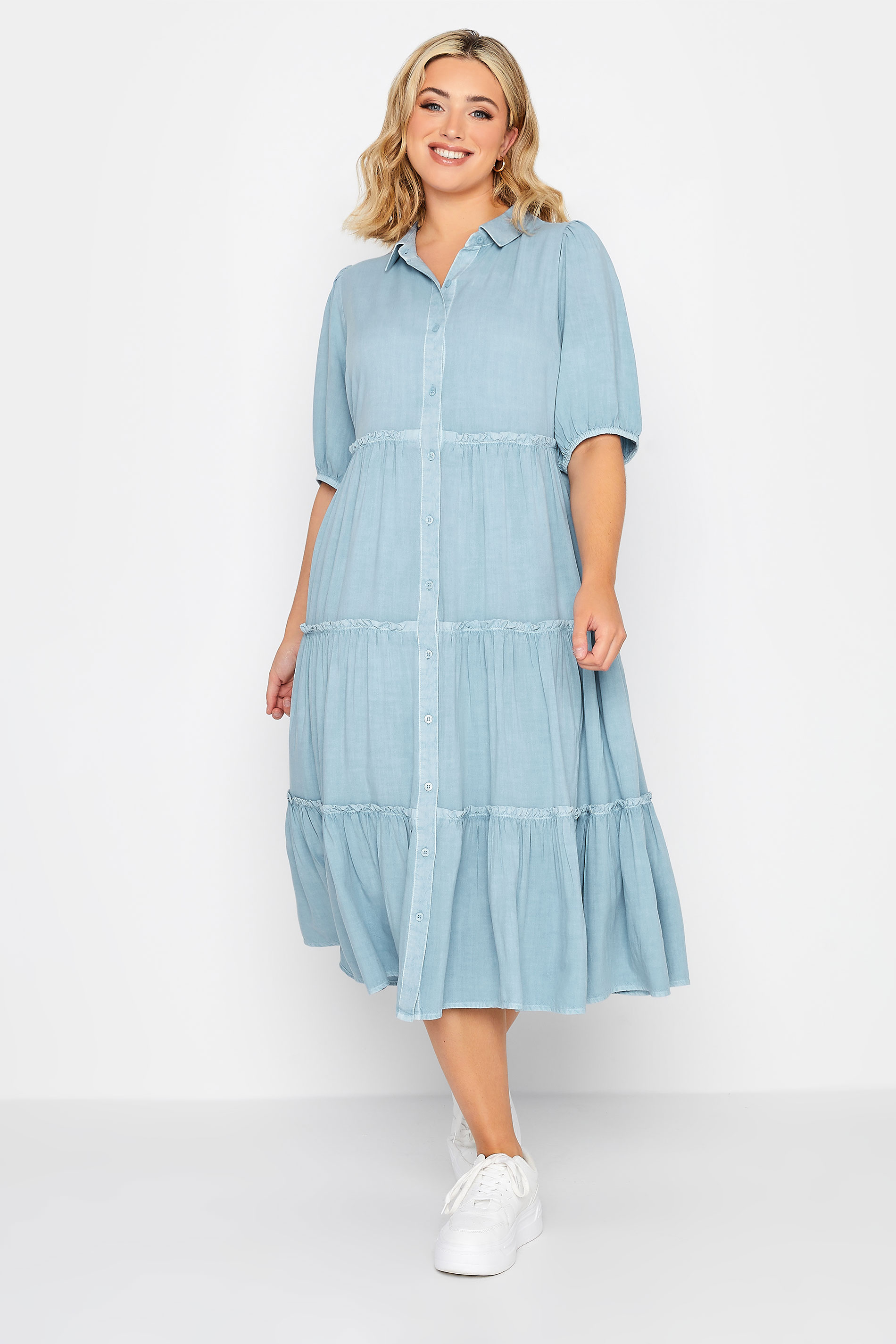 YOURS Curve Plus Size Blue Acid Wash Tiered Chambray Denim Shirt Dress | Yours Clothing  2