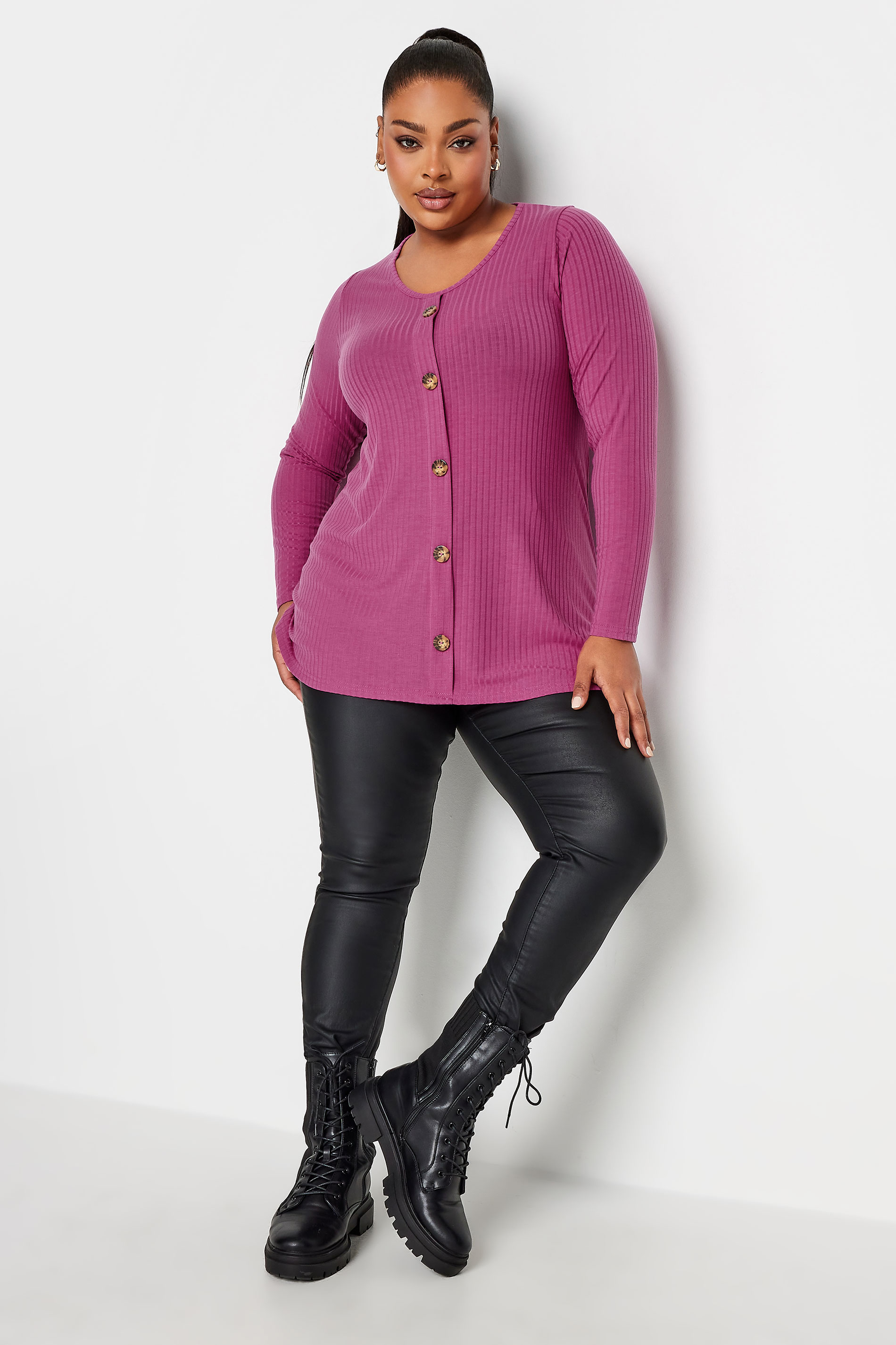 LIMITED COLLECTION Plus Size Pink Ribbed Button Detail Long Sleeve Top | Yours Clothing 2