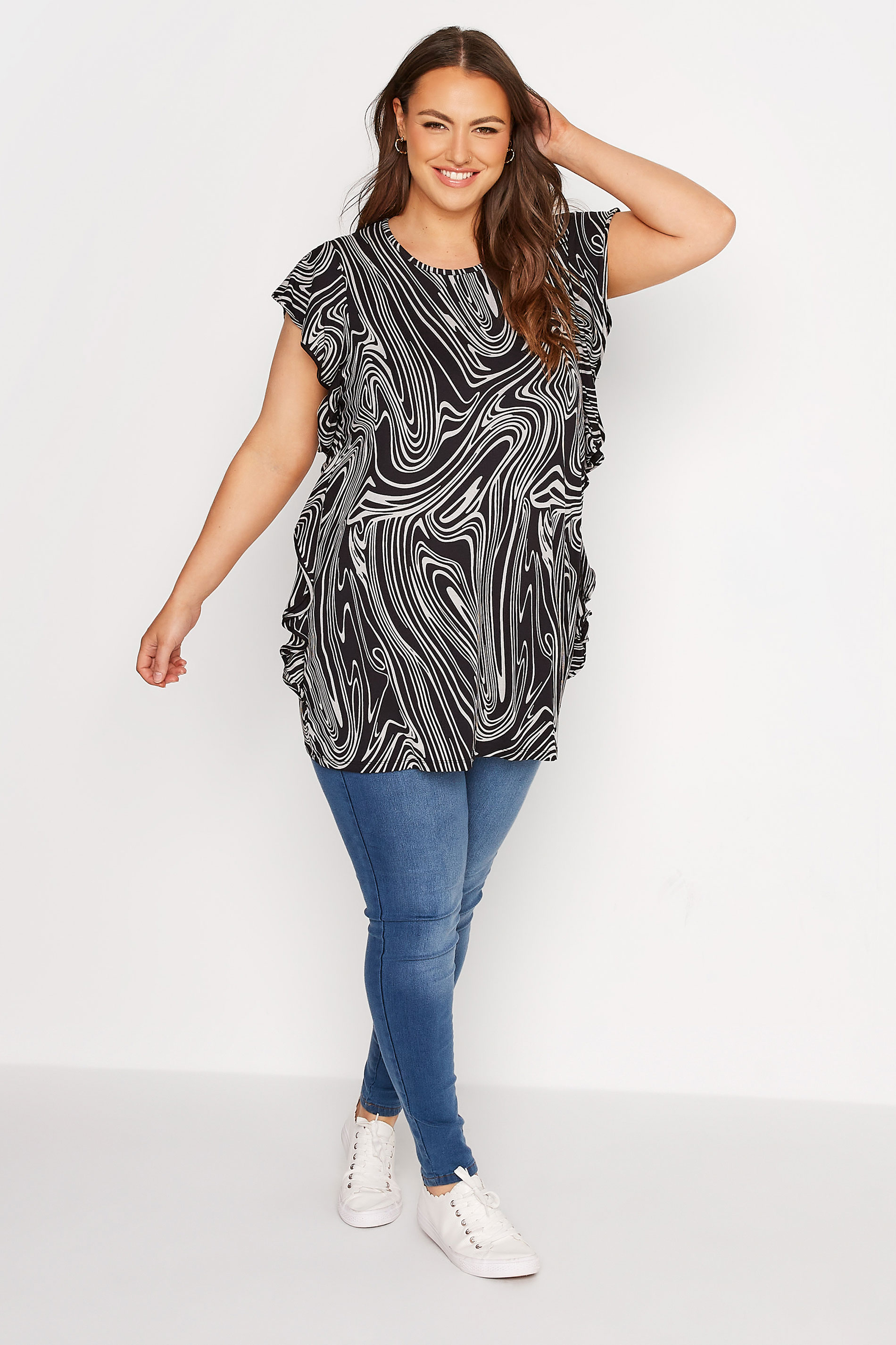 Plus Size Black Marble Frill Sleeve Top | Yours Clothing 2