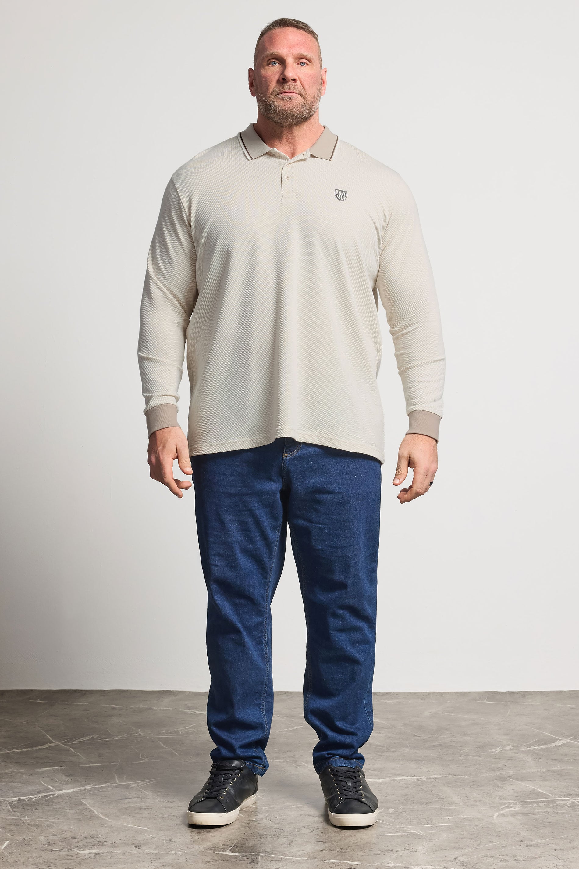 BadRhino Big & Tall Cream Textured Waffle Long Sleeve Polo Shirt | BadRhino 1