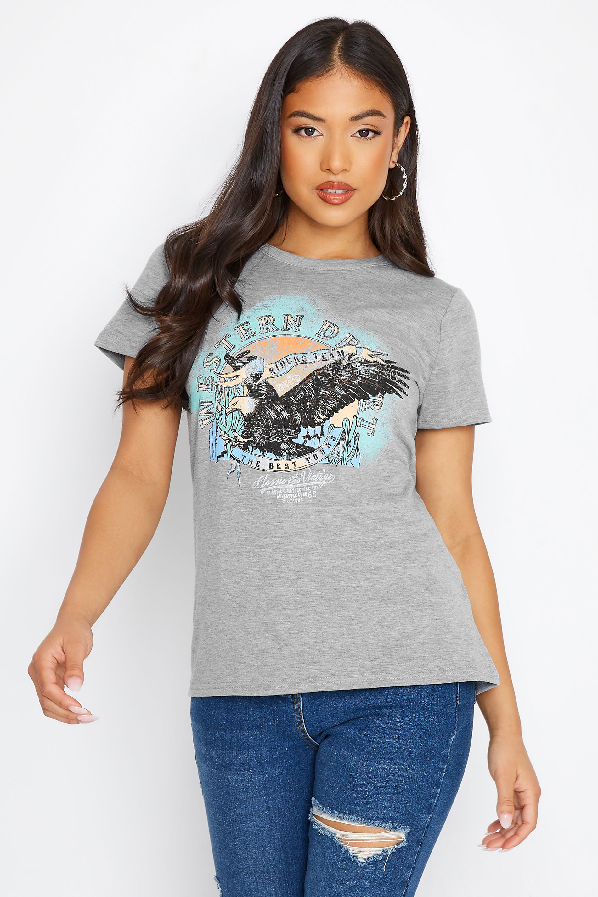 Petite Grey 'Western' Slogan T-Shirt | PixieGirl 1