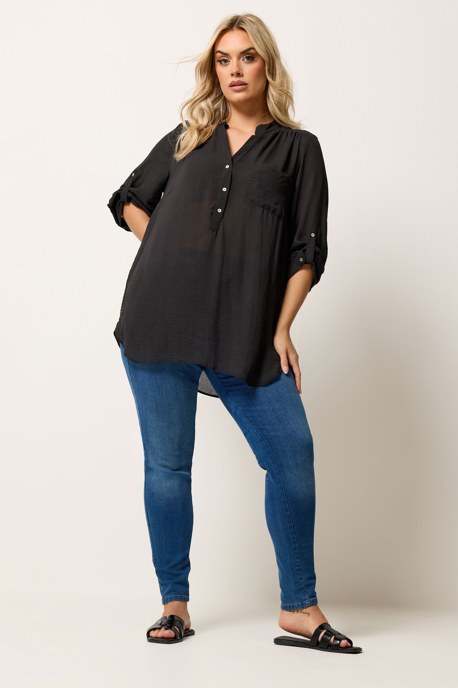 YOURS Plus Size Black Half Placket Shirt | Yours Clothing 1