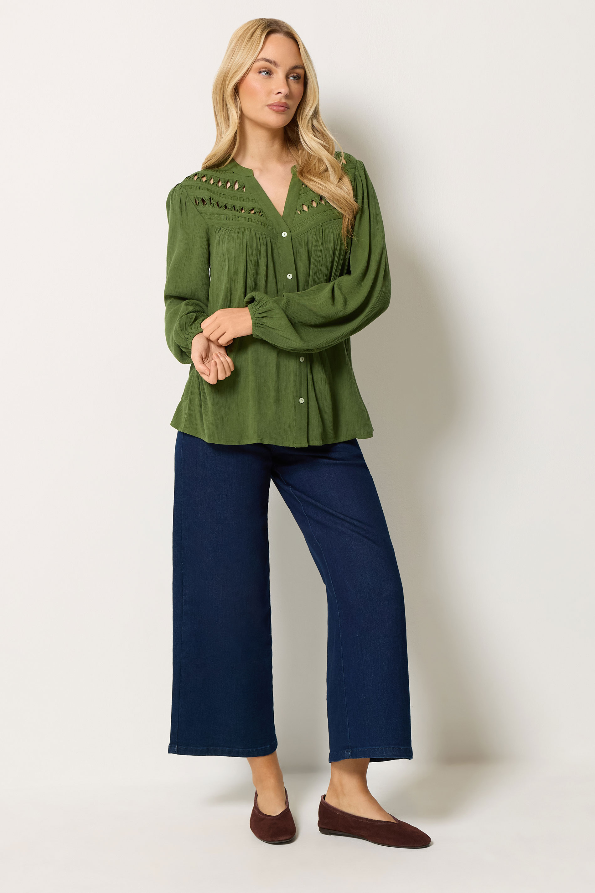 M&Co Khaki Green Crochet Long Sleeve Blouse | M&Co 1