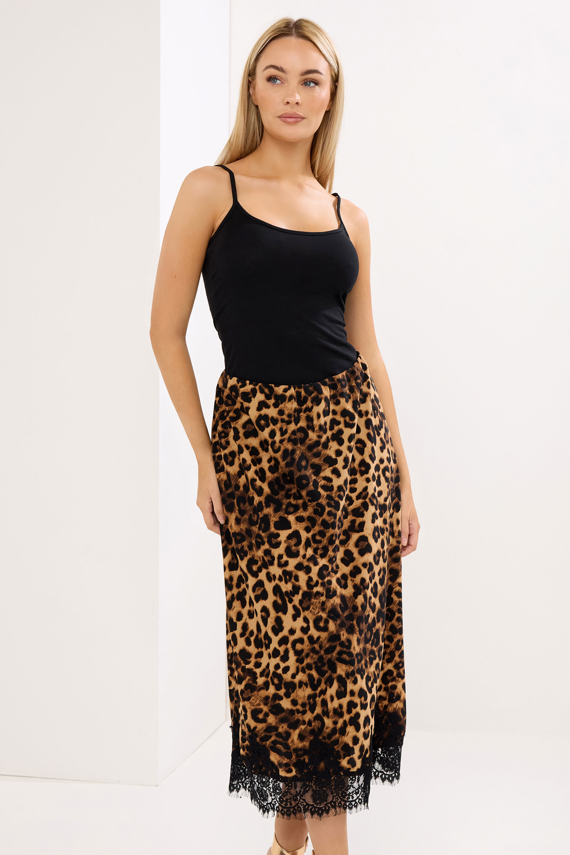 STAR Brown Leopard Lace Trim Satin Skirt | StarByJM 1