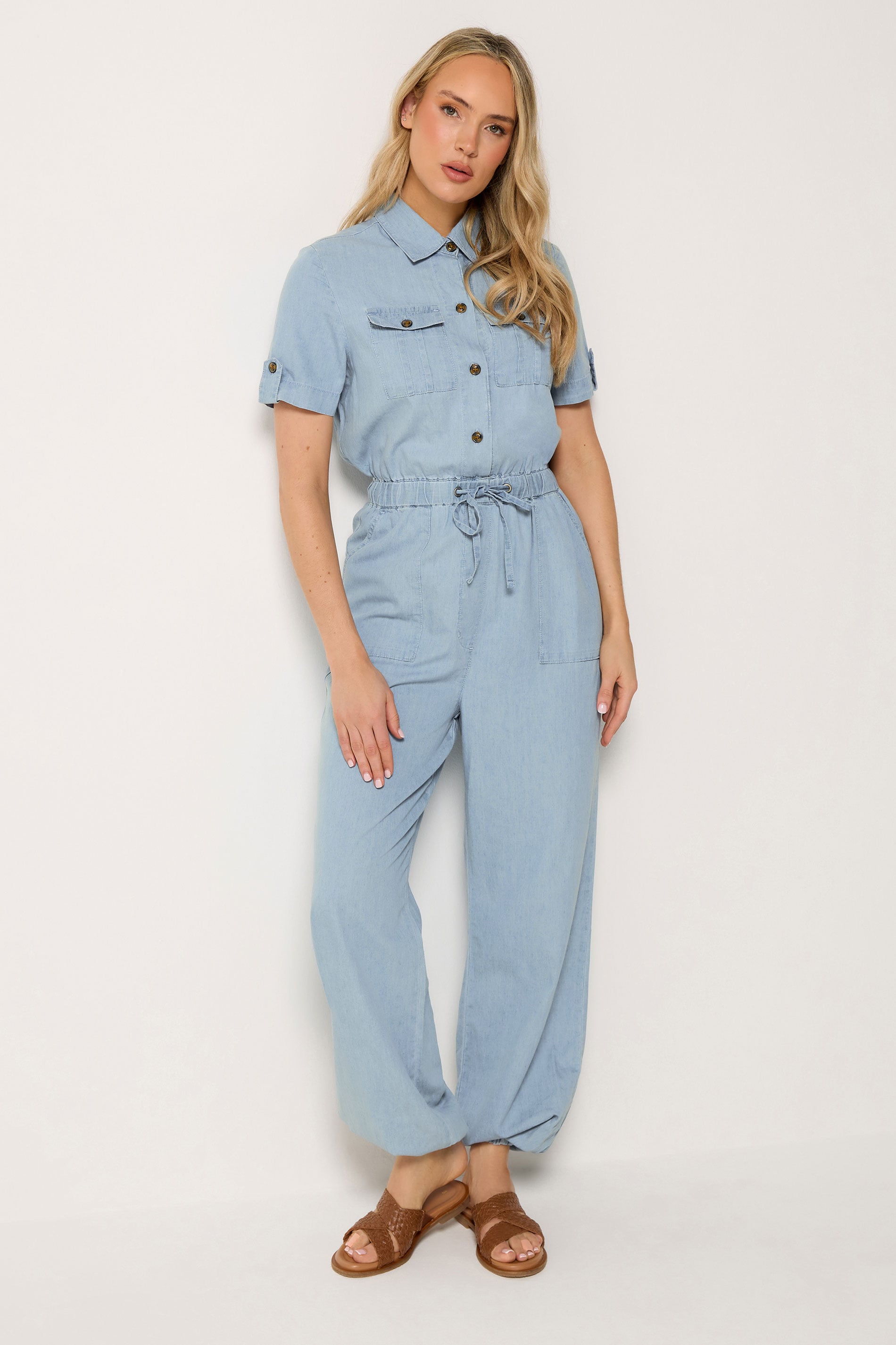 LTS Tall Blue Denim Utility Elasticated Waistband Jumpsuit | Long Tall Sally  1