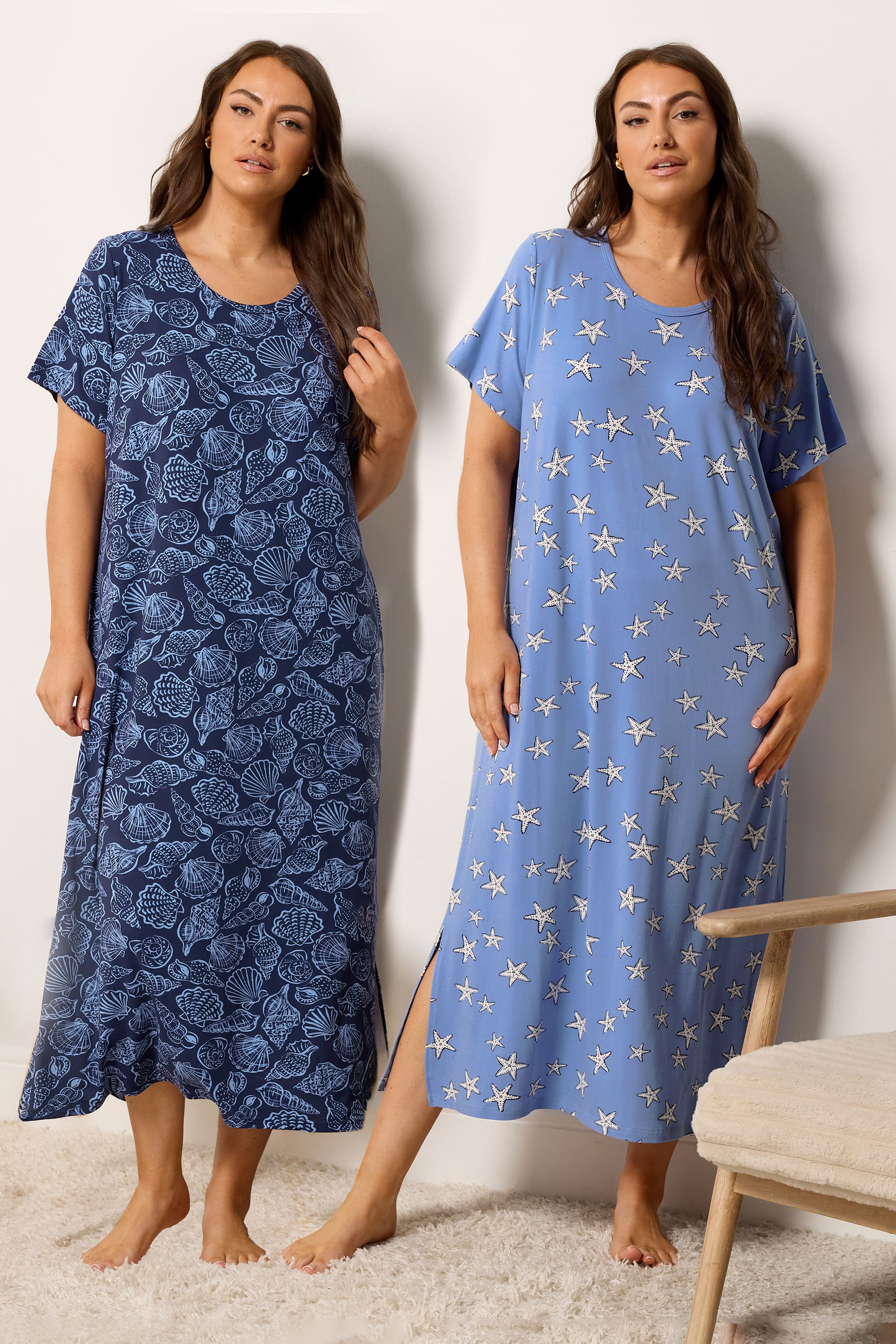 YOURSET Plus Size 2 PACK Blue Star & Shell Print Midaxi Nightdresses | Yours Clothing 3