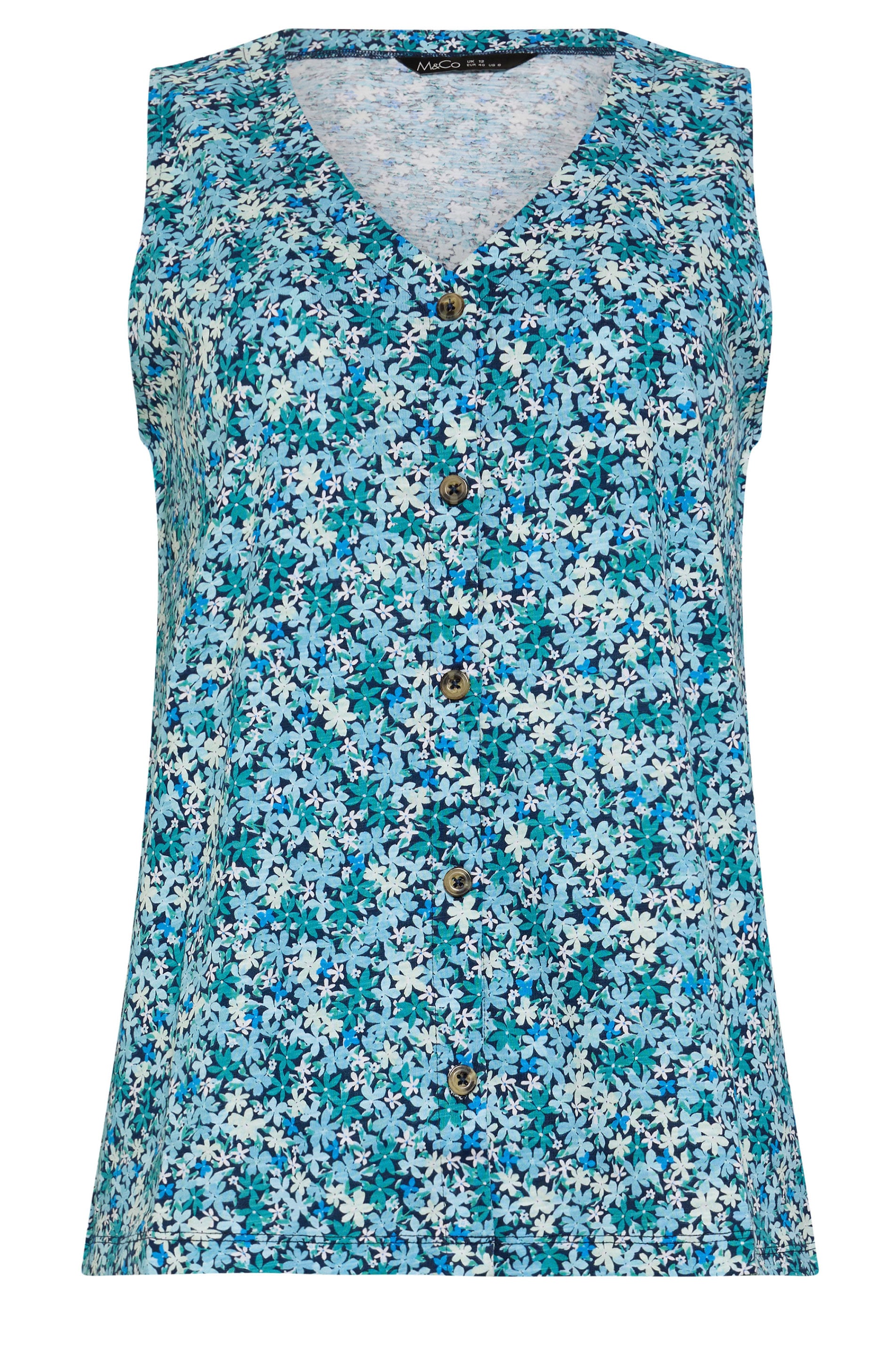 M&Co Blue Floral Print Cotton Button Vest Top | M&Co 6