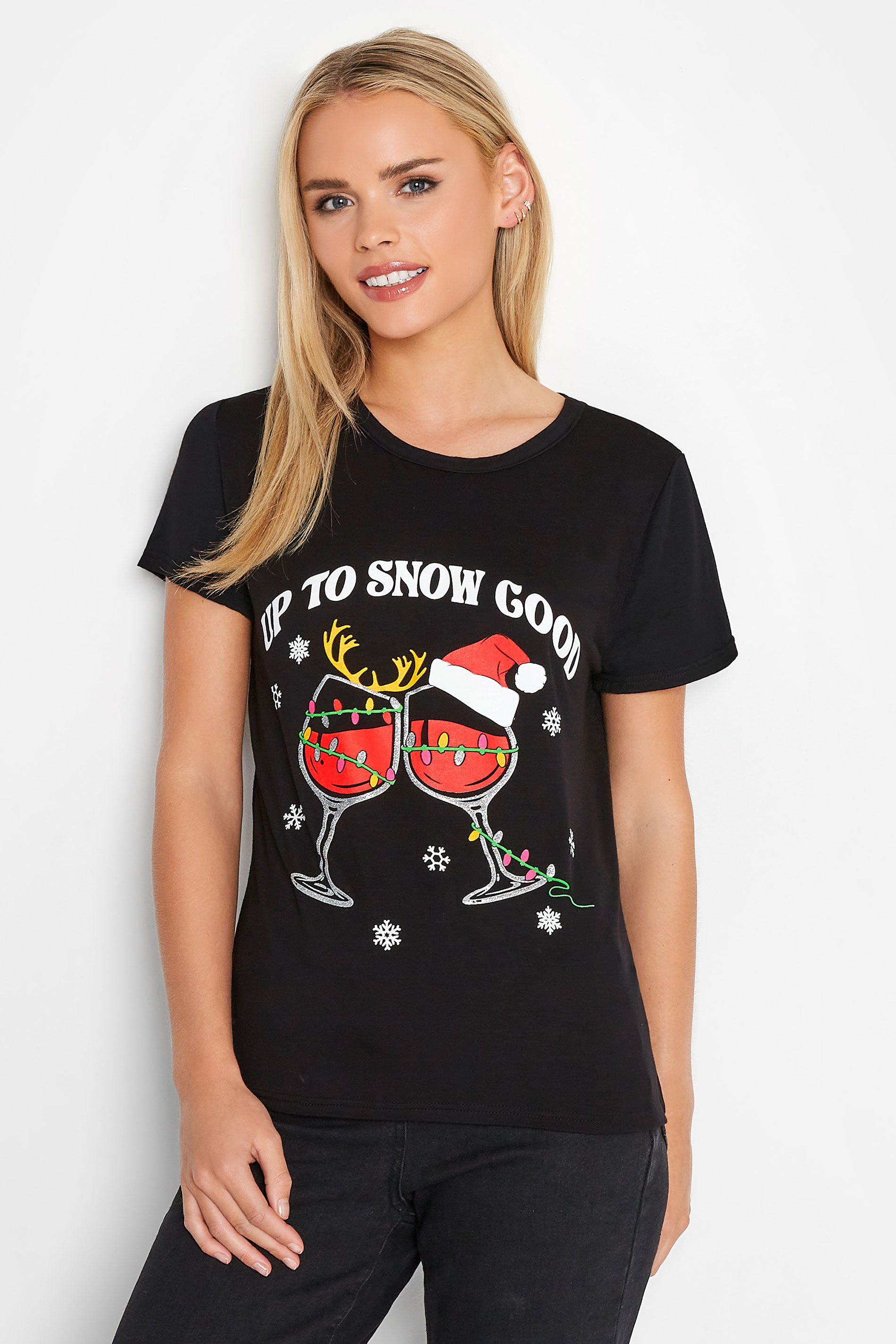 Petite Black 'Up To Snow Good' Christmas T-Shirt | PixieGirl 1