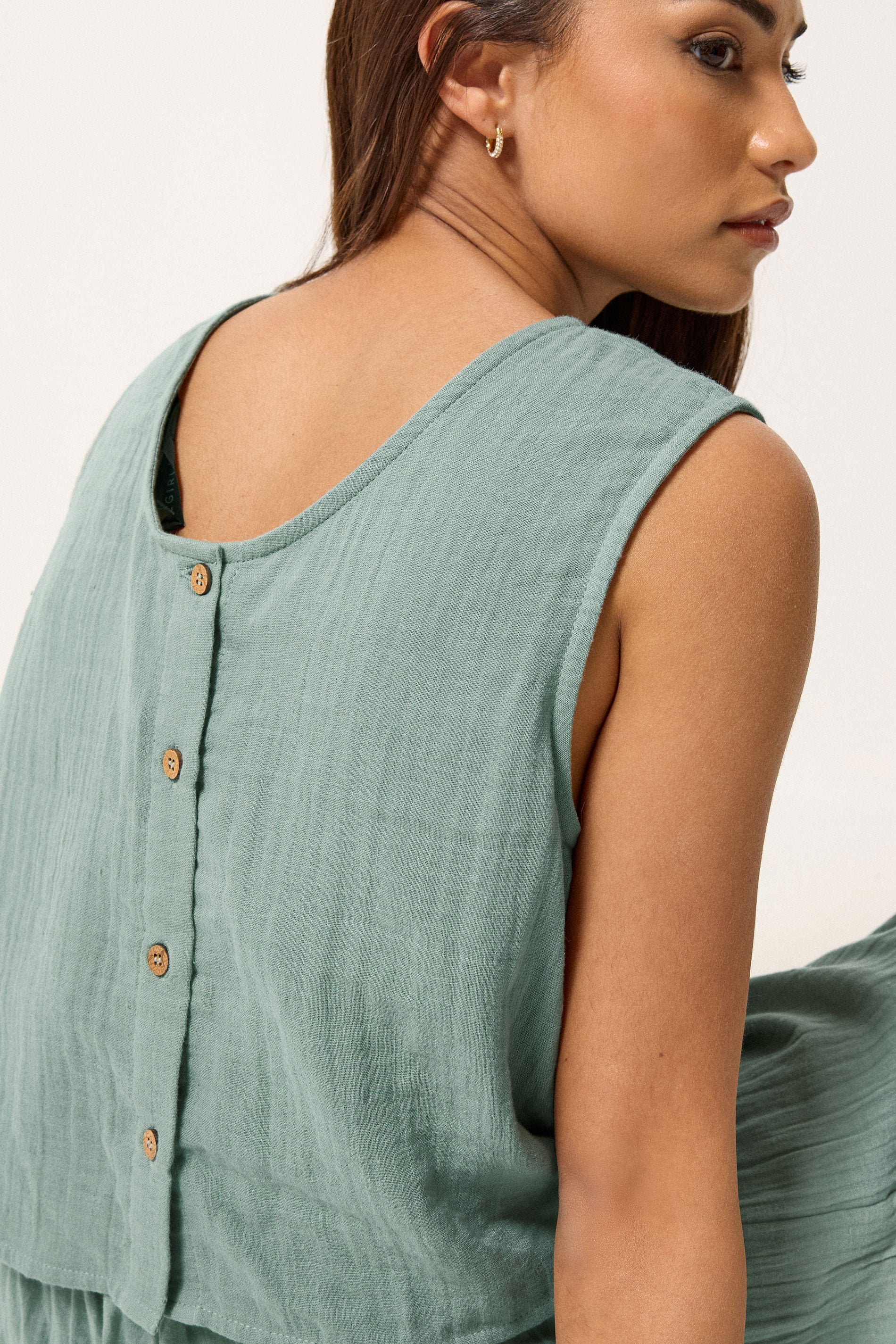 PixieGirl Petite Women's Sage Green Cotton Cheesecloth Button Top | PixieGirl 5