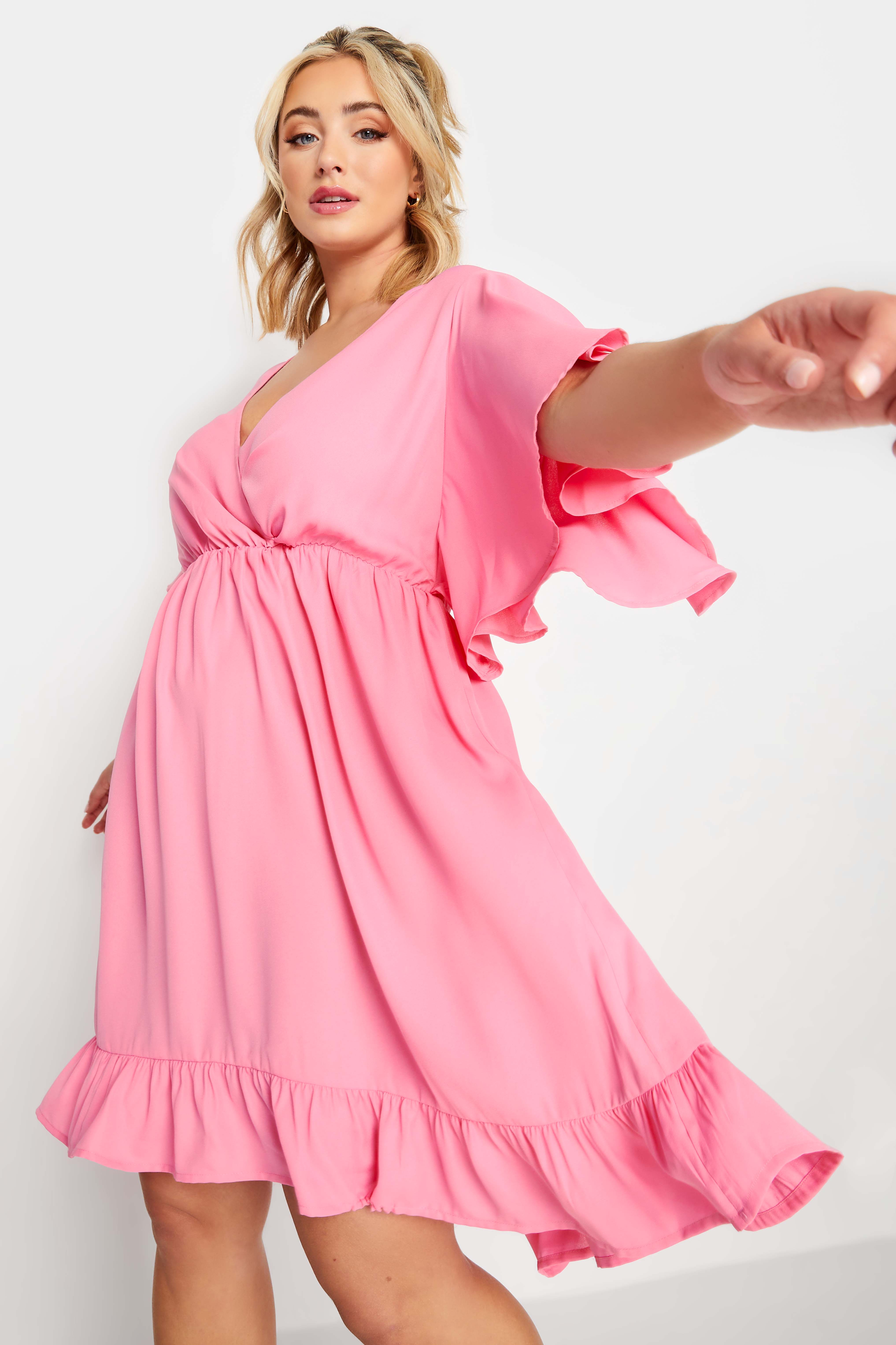 LIMITED COLLECTION Plus Size Pink Frill Sleeve Wrap Tunic Dress | Yours Clothing 1