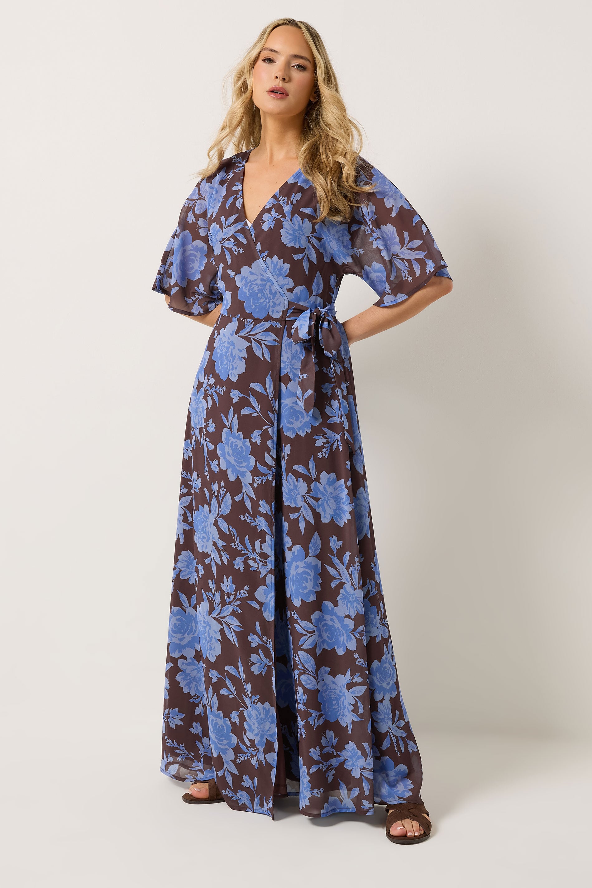 LTS Tall Women's Chocolate Brown & Blue Floral Wrap Maxi Dress | Long Tall Sally 1