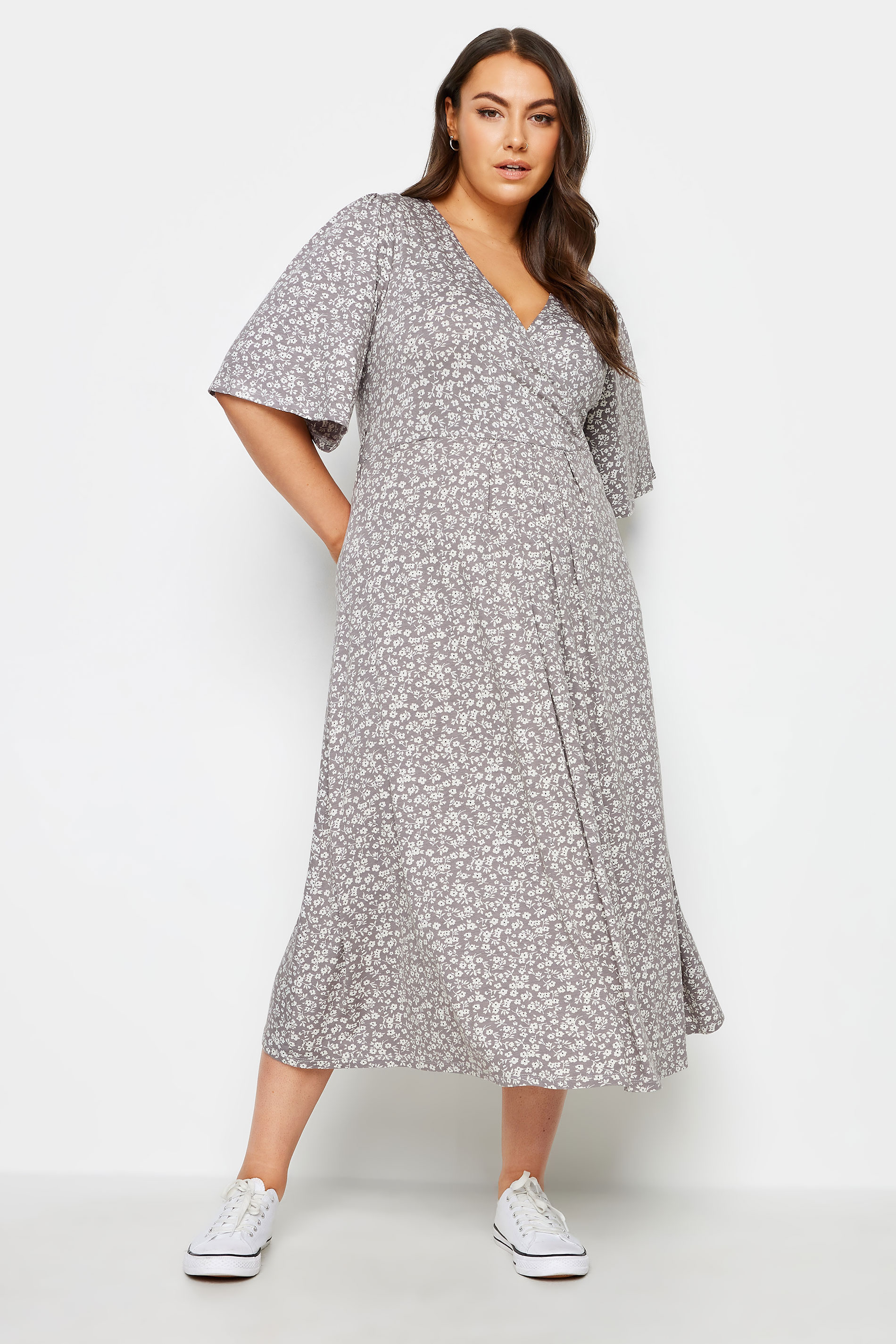 YOURS Plus Size Light Grey Ditsy Floral Print Midi Wrap Dress | Yours Clothing 1
