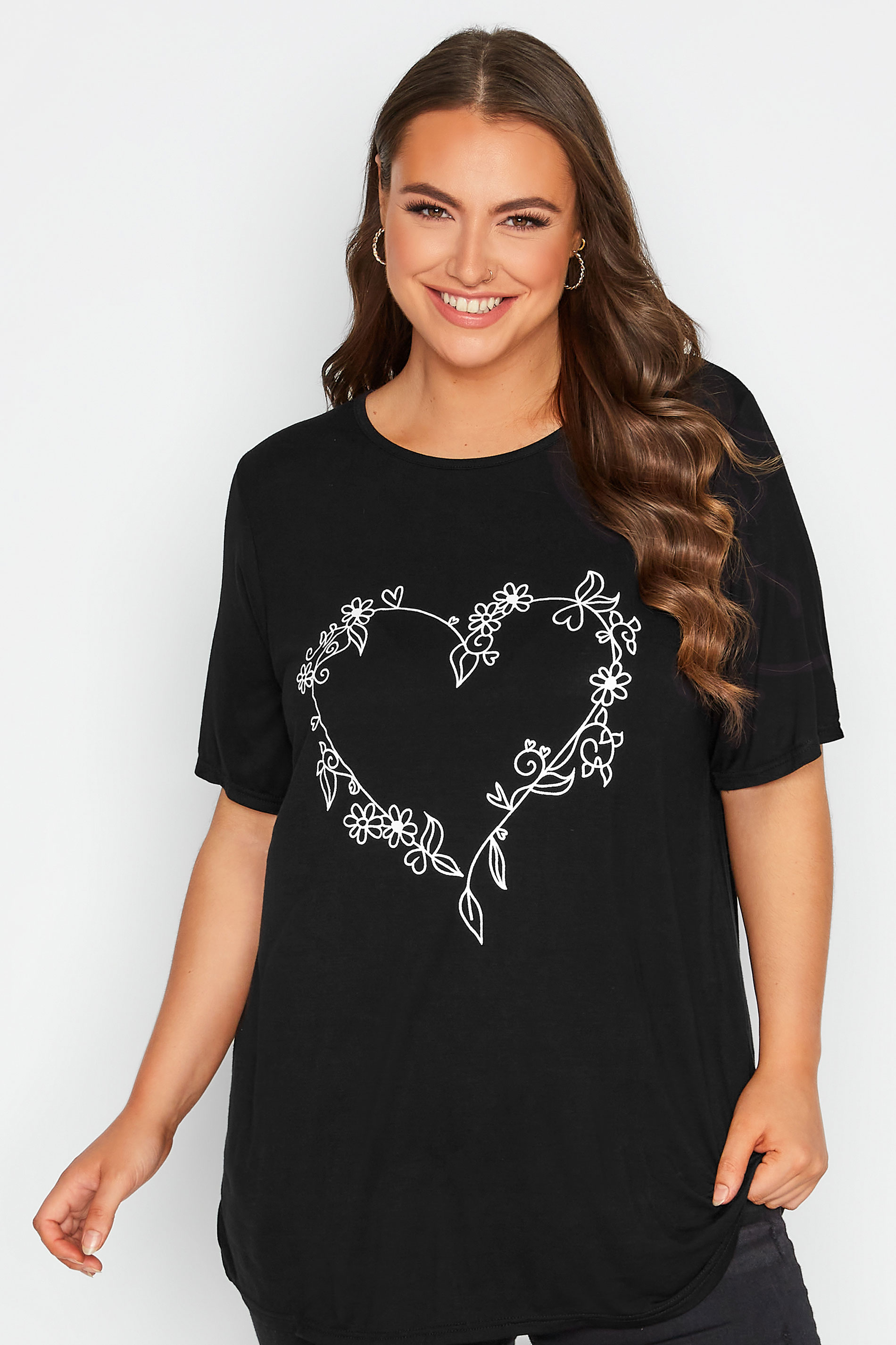 Plus Size Black Heart Print T-Shirt | Yours Clothing 1