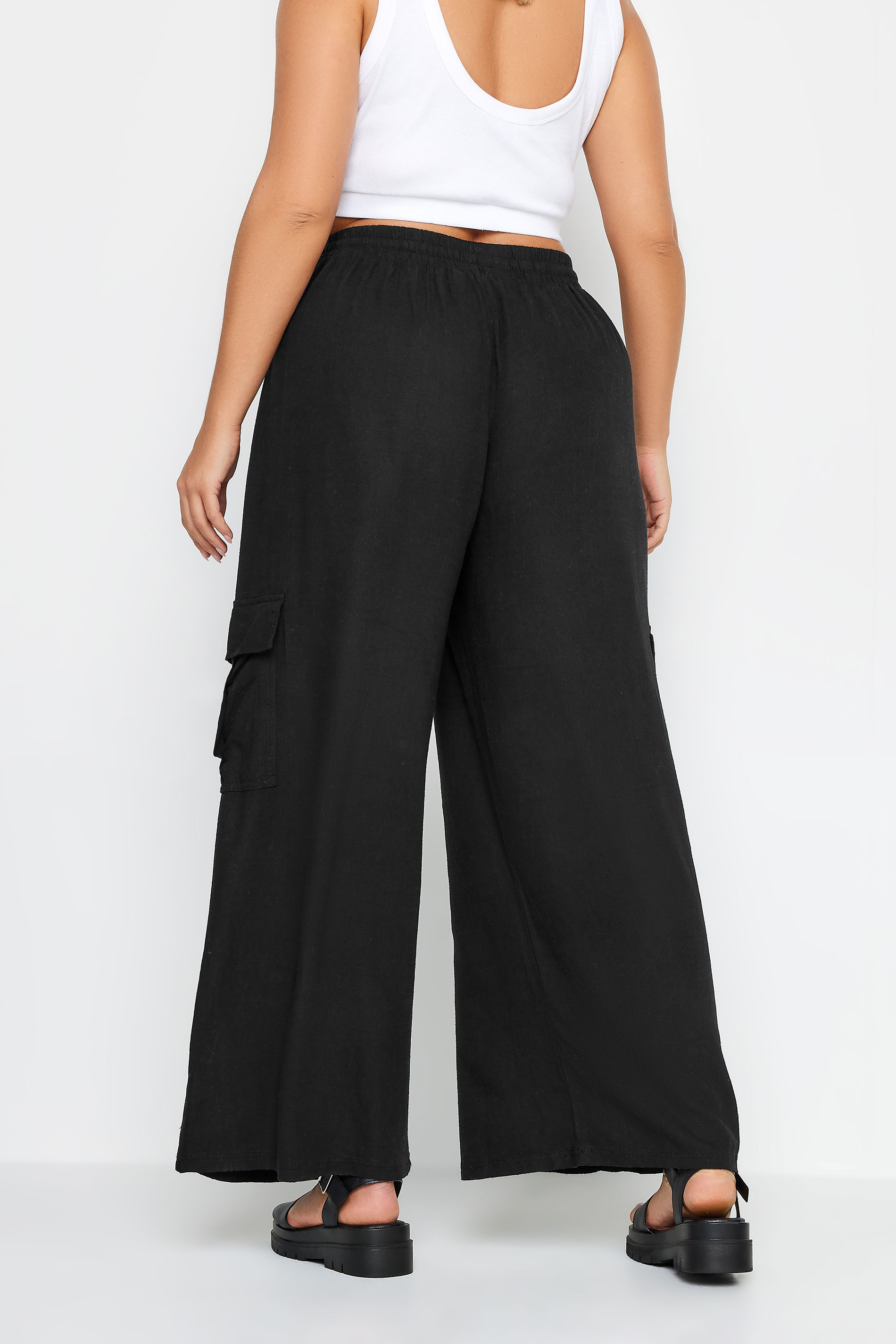 YOURS Plus Size Black Linen Wide Leg Cargo Trousers | Yours Clothing 3