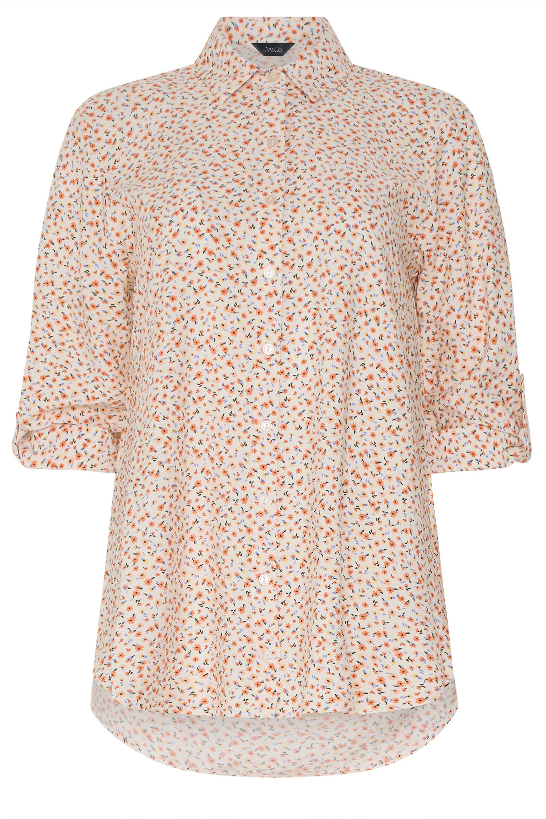 M&Co White & Orange Ditsy Floral Tab Sleeve Shirt 5